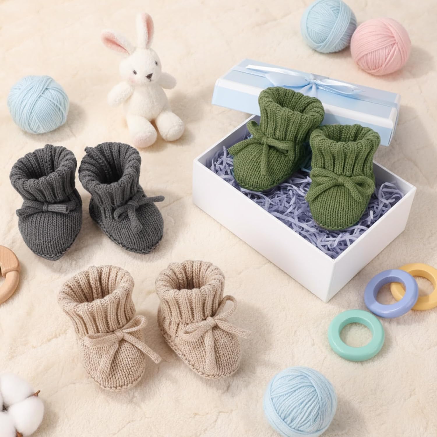 Evervibe 3 Pairs Knitted Baby Booties 0-6 Months Newborn Baby Crochet Shoes First Walkers Cozy Shoes for Infant Girl Boy