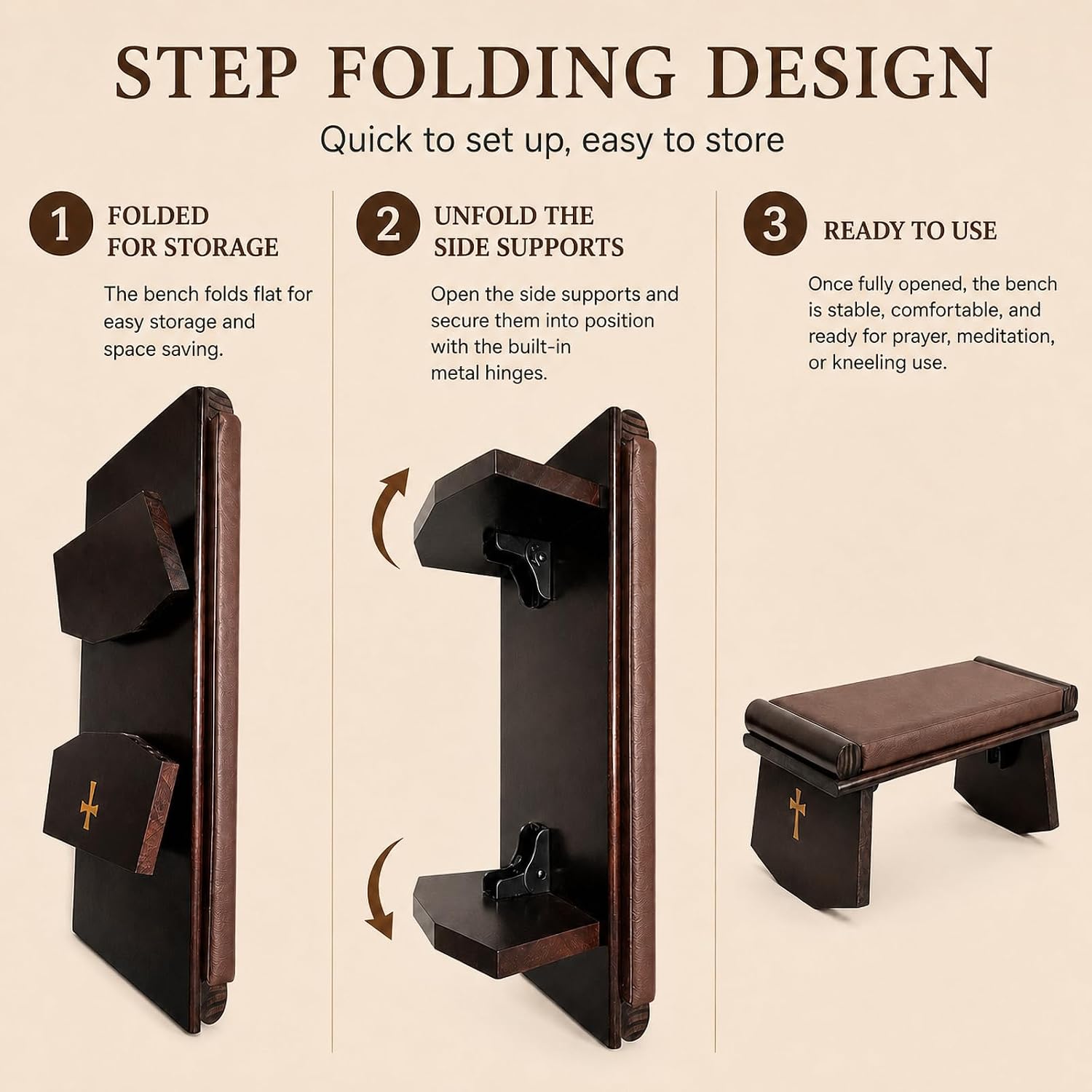 Meditation Bench, Foldable Prayer Kneeler Bench & Yoga Kneeling Stool, Wood | Detachable cushion as a floor seat; ergonomic angled base, multi-use design for seiza, home worship, footrest and knee rest