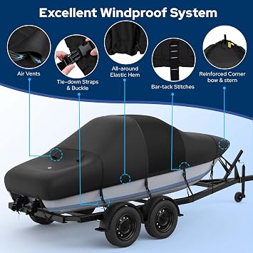 Fonzier Boat Cover 1400D Reinforced, Fast Drainage Kit, 20'-22',Black | Heavy Duty Polyester,Waterproof, UV & Tear-Resistant, Air Vents,11 Adjustable Tie-Down Straps, fits V-hull Bass Tracker Boat