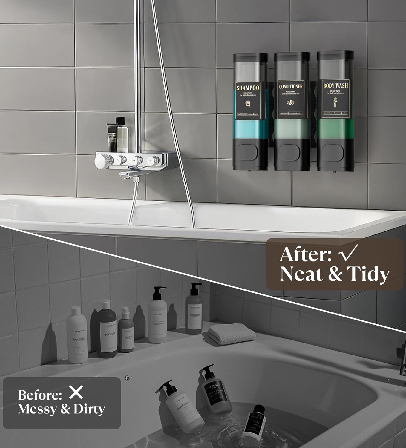 Luxspire Shampoo and Conditioner Dispenser, No Drill Wall Mounted Shower Soap Dispenser 3 Chamber with Waterproof Labels, Easy Refill Soap Dispenser for Bathroom Hotel Kitchen, Black - Image 3