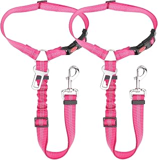 Lukovee Dog Car Seat Belt, 2 Pack, Headrest Restraint | Adjustable, Reflective, Tangle-Free, Lockable Quick Release, Use in Car or as Daily Leash (Fluorescent Pink,Headrest + Clip)