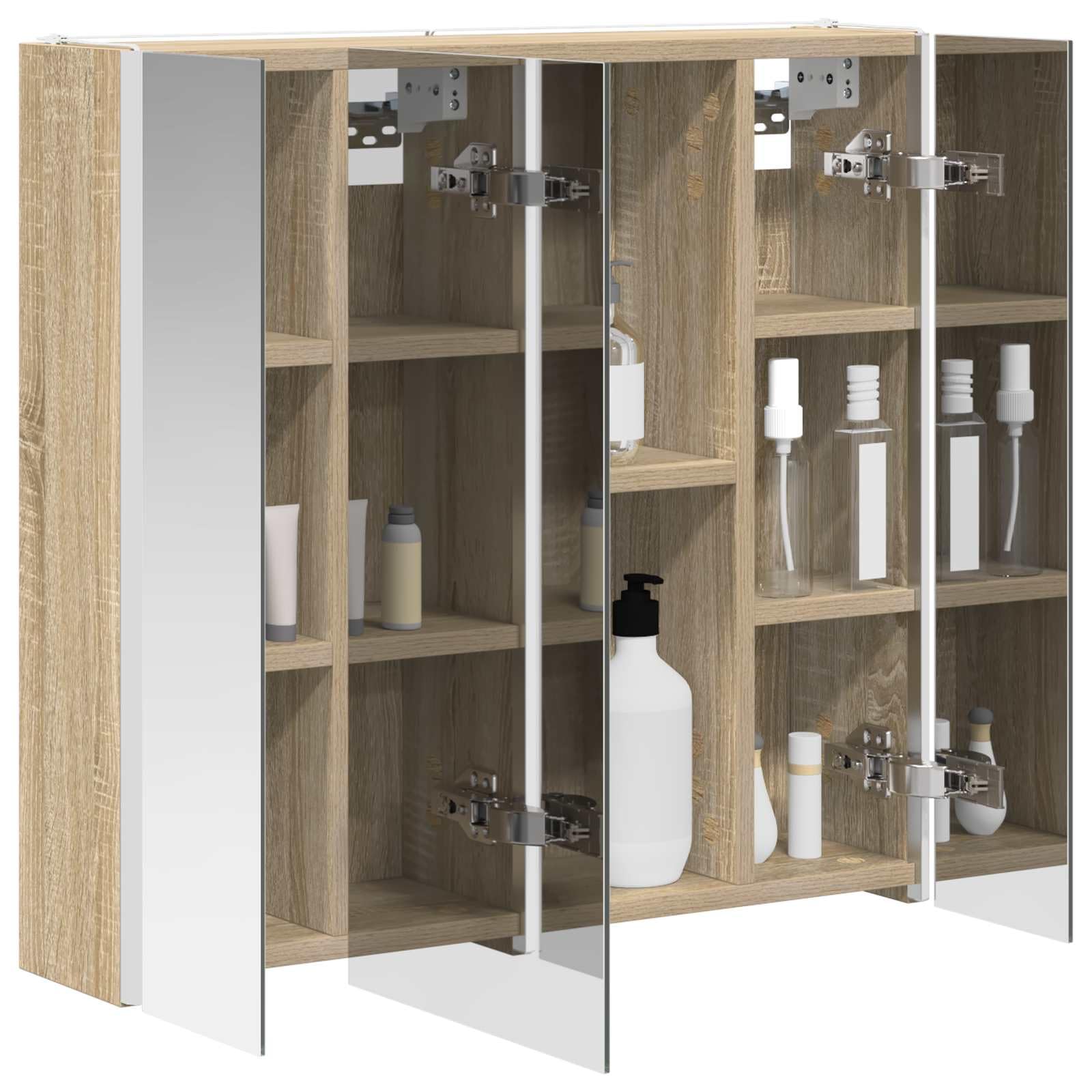 Szafka łazienkowa z lustrem Sonoma dąb drewnopochodny, 63,5 x 15,5 x 60,5 cm, z oświetleniem LED, montaż na ścianie, regulowane półki, miejsce do przechowywania i dwustronne lustro do