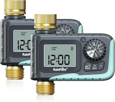 RAINPOINT Sprinkler Timer with Brass Inlet & Outlet, Programmable Hose Timer for Garden Soaker Hose with Rain Delay/Manual Watering System, Digital Drip Irrigation for Yard, Lawn2PCS