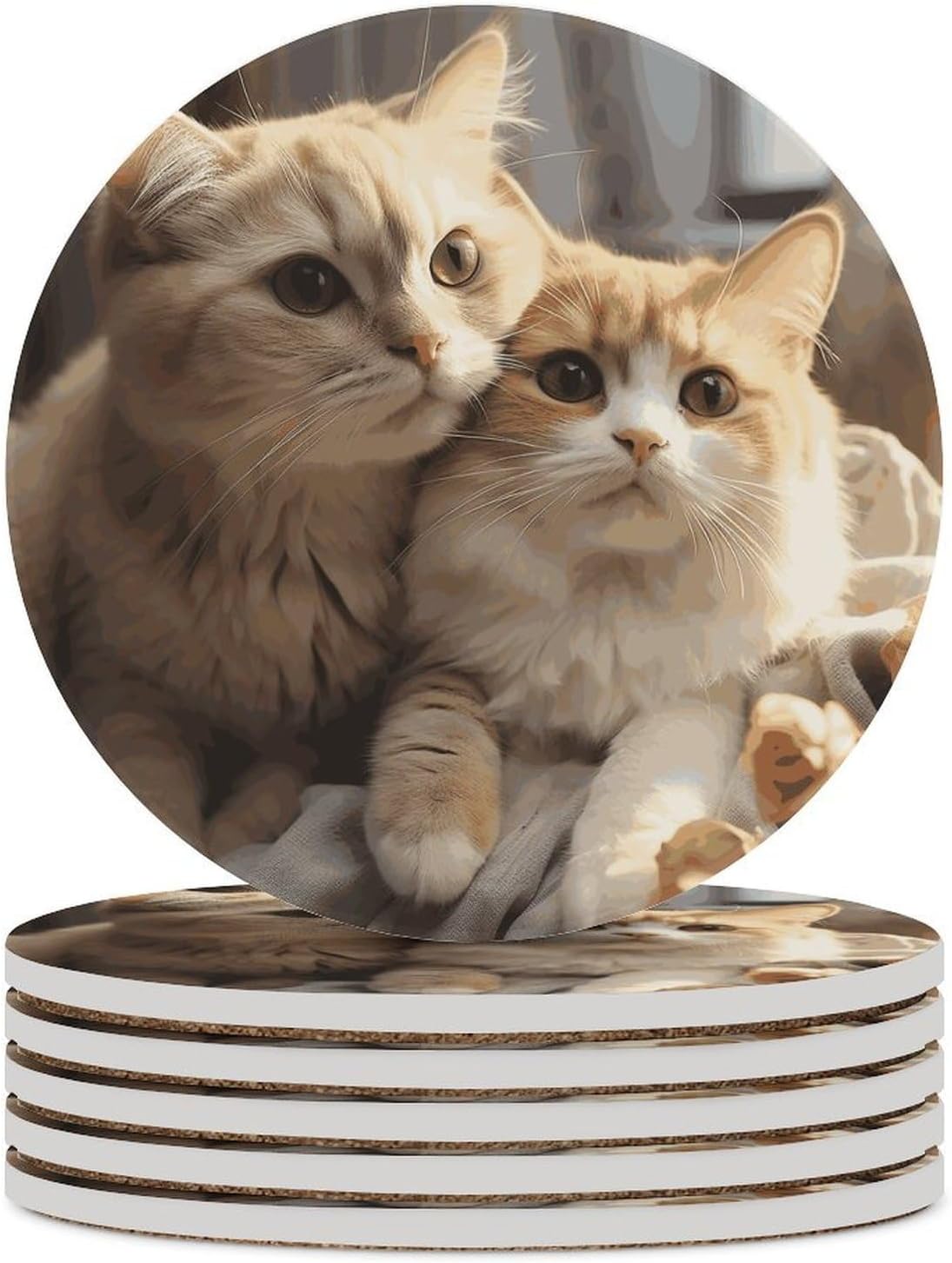 Lovers Cat Coasters Round Coasters Set Ceramic Stone Coaster with Cork Base Coffee Cup Beverage Cup Mat Cute Funny Table Drinks Coaster for Mugs and Cups Office Kitchen