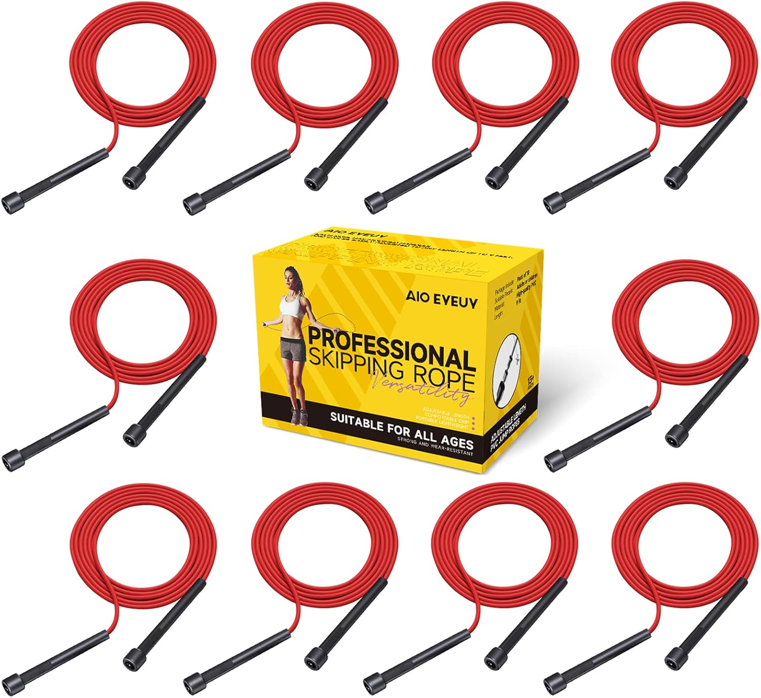 10 Pack Adjustable Jump Rope for Fitness and Exercise-PVC Skipping Rope for Men,Women and Kids-Tangle-Free for Keeping Fit, Training, Workout