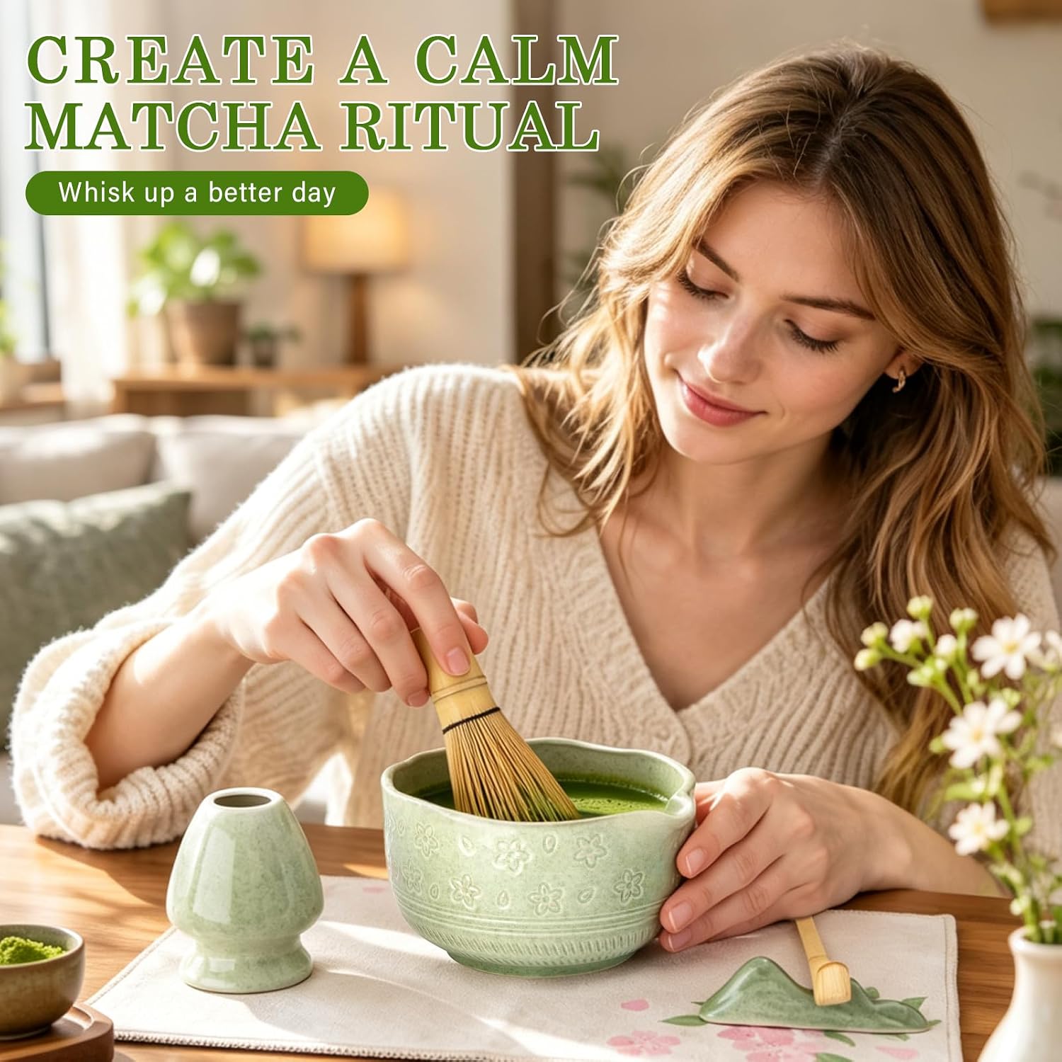 ALBISS Matcha Whisk Set, 7Pcs Ceramic Matcha Kit with Cherry Blossom Design