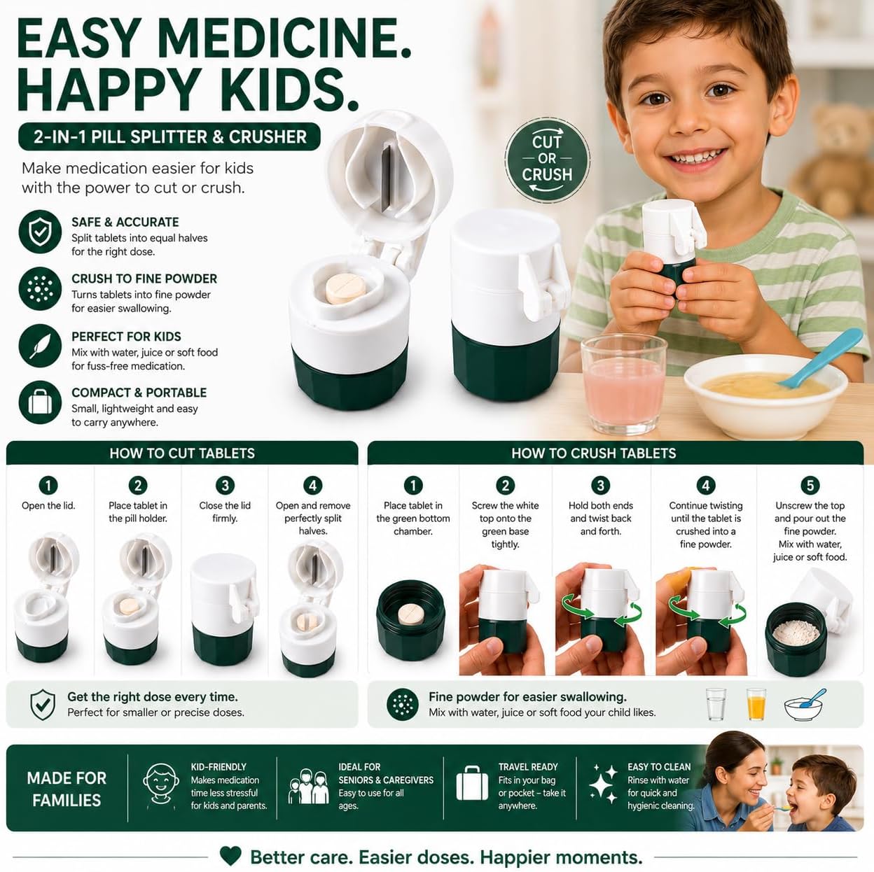 Pill Crusher for Small and Large Pills, Manual Tablet Grinder with Storage Compartment, Portable Medicine Crusher for Seniors, Adults and Children, Easy Twist Design, Green