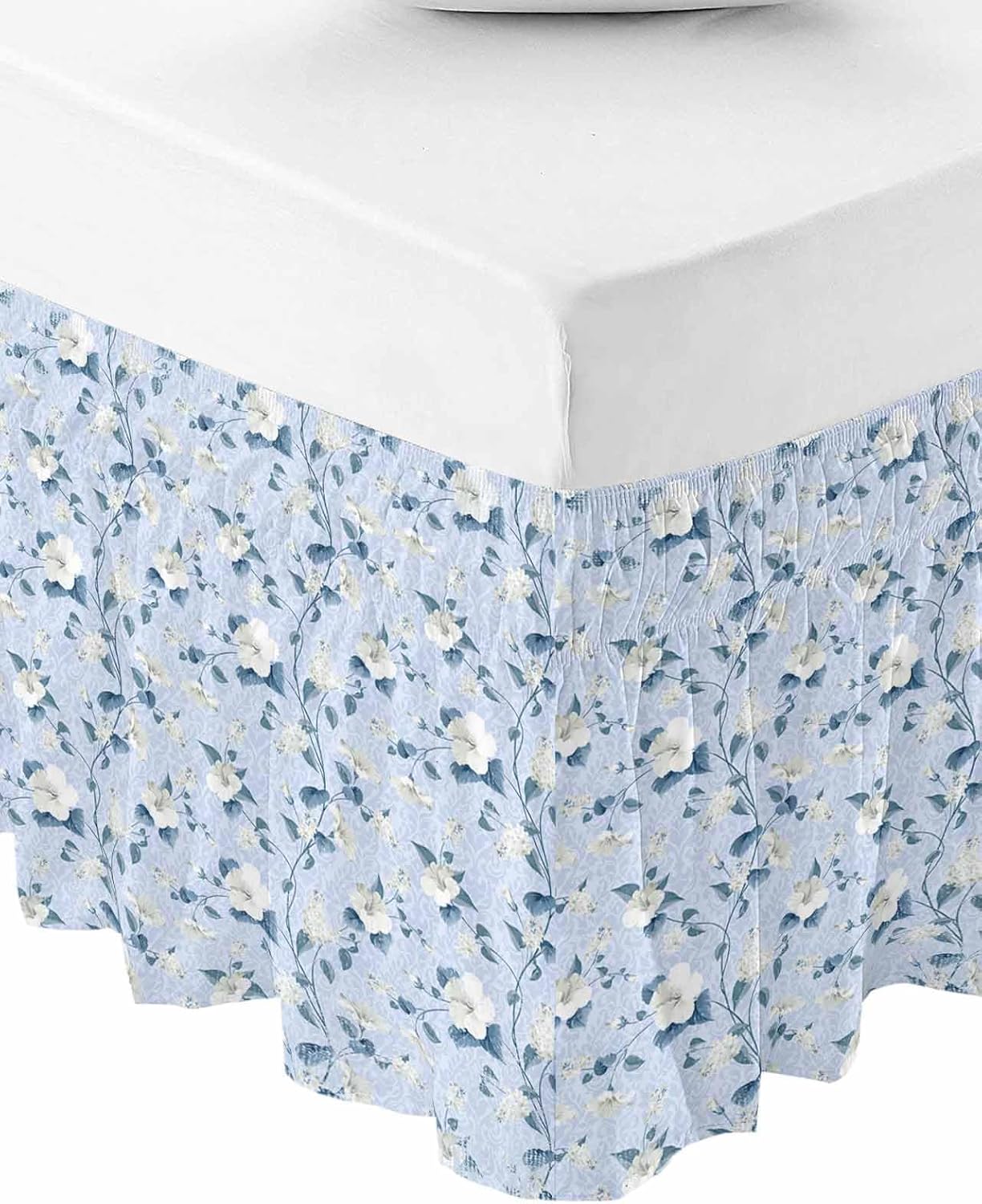 RisQiten Blue Floral Bed Skirt Queen Size 16 Inch Drop