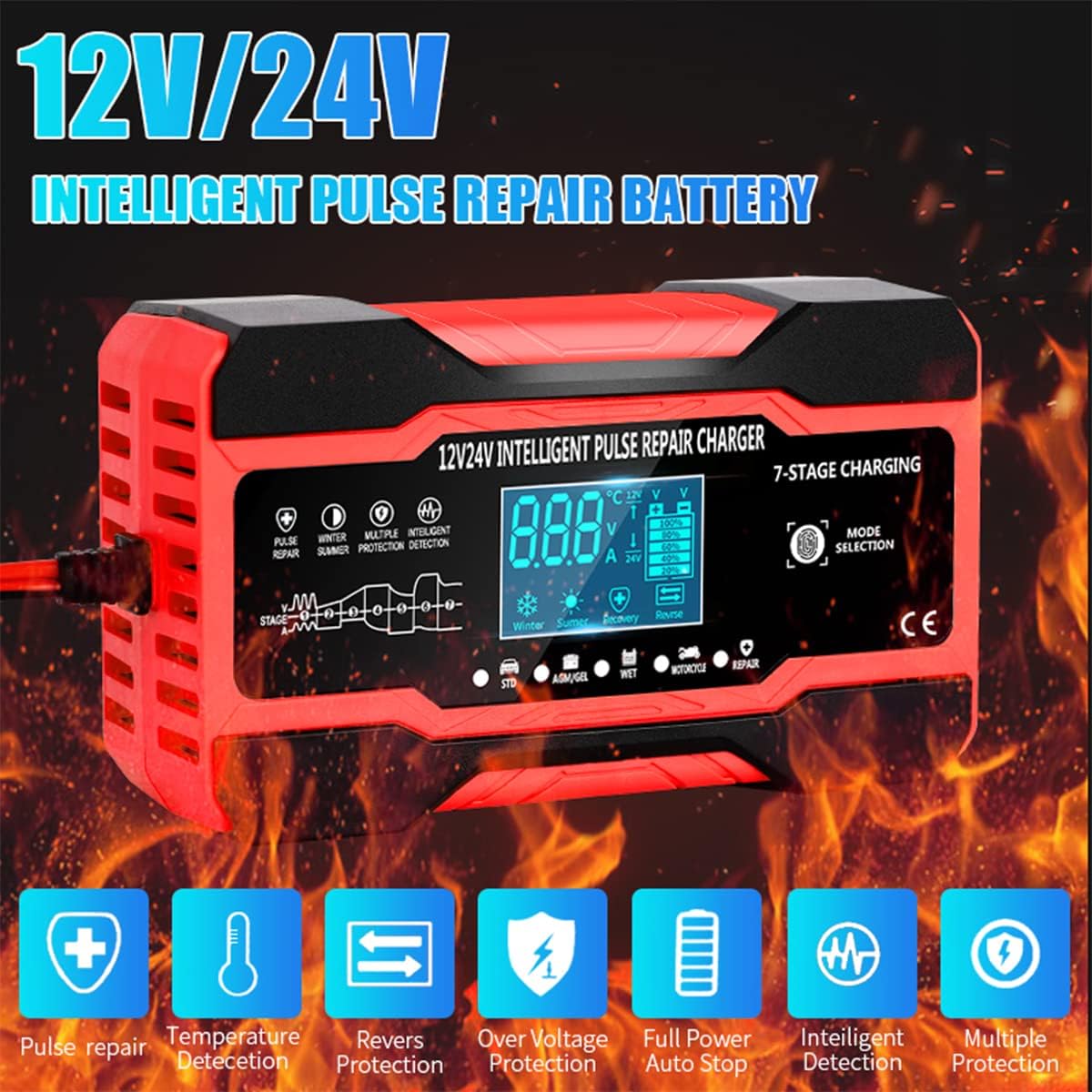 10-Amp Car Battery Charger, 12V and 24V Fully Automatic Smart Car Battery Desulfator, Battery Maintainer Trickle Charger, Battery Maintainer with Temperature Compensation for Boat Motorcycle : Automotive