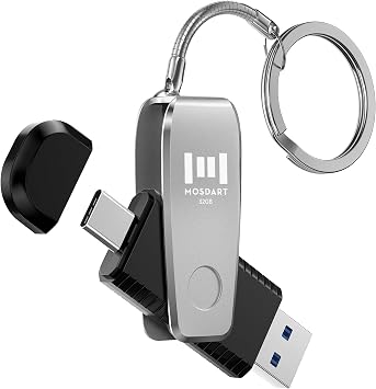 MOSDART 32GB USB C and A 3.1 Dual Flash Drive with Keychain, Silver | Fits Android Phones, iPhone 15, 16, 17, Macbook, iPad, For Photos and Videos, USB-C Port Protection, Phone Case Friendly