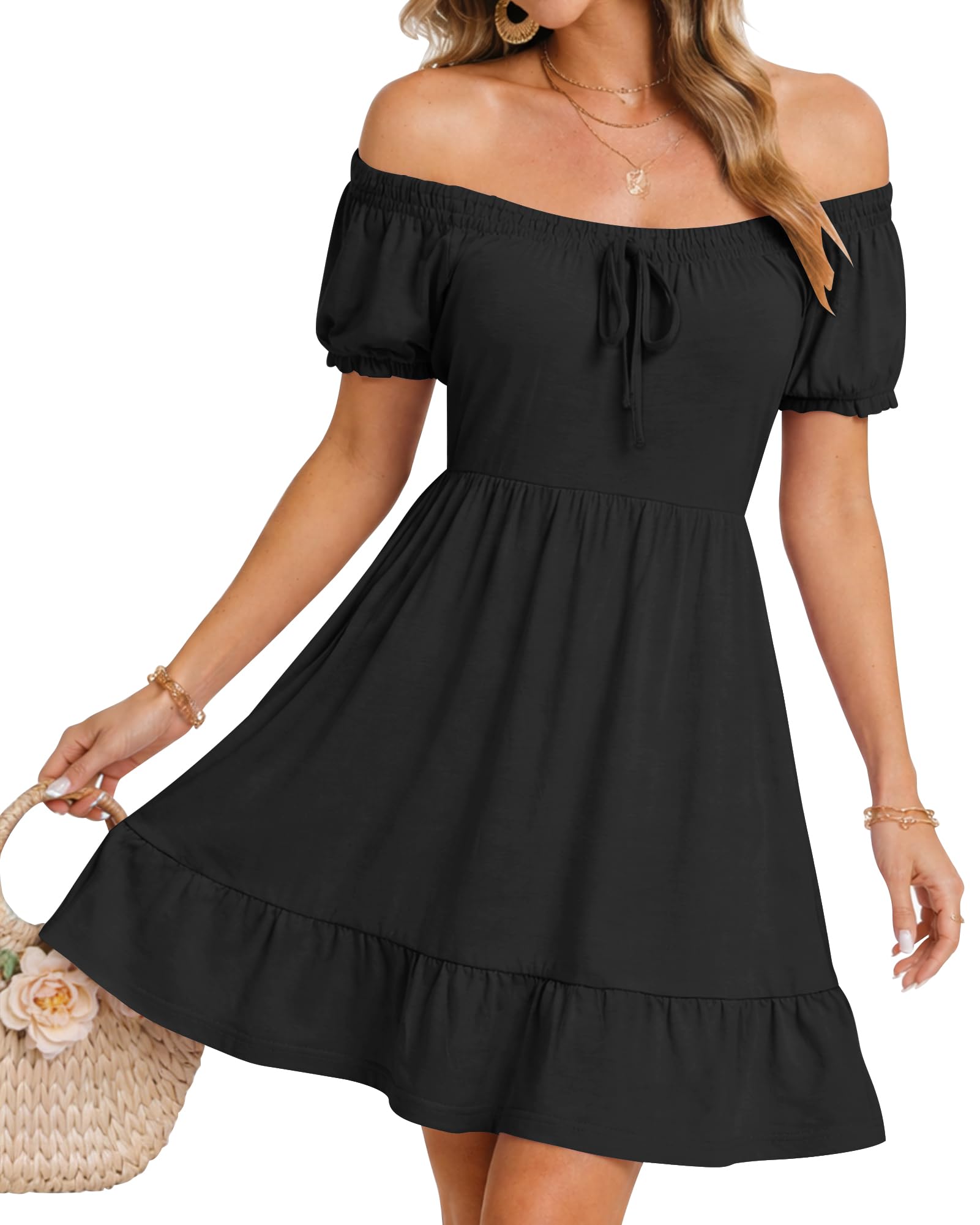 AUSELILY Damen Sommerkleid Kurzarm Puff Ärmel Kleider Bedruckter Hoher Taille Strandkleid Freizeit Minikleid mit Taschen
