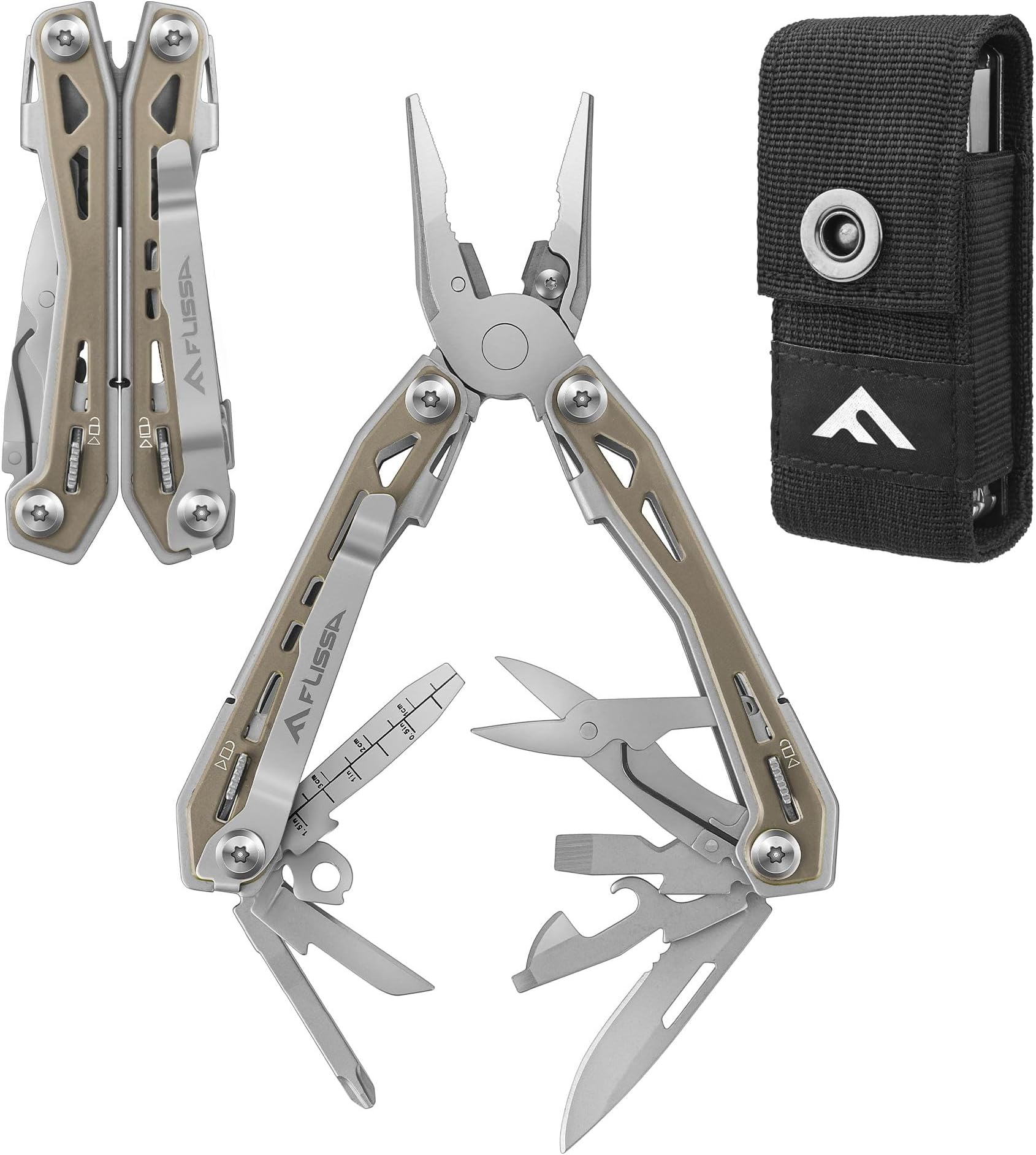 FLISSA Multi-Tool Pliers 16-in-1, Multi-Tool with Carry Bag, Stainless Steel Multifunctional Tool with Wire Cutter, Bottle Opener, Screwdriver, Belt Clip for Camping Maintenance (Desert Tan)