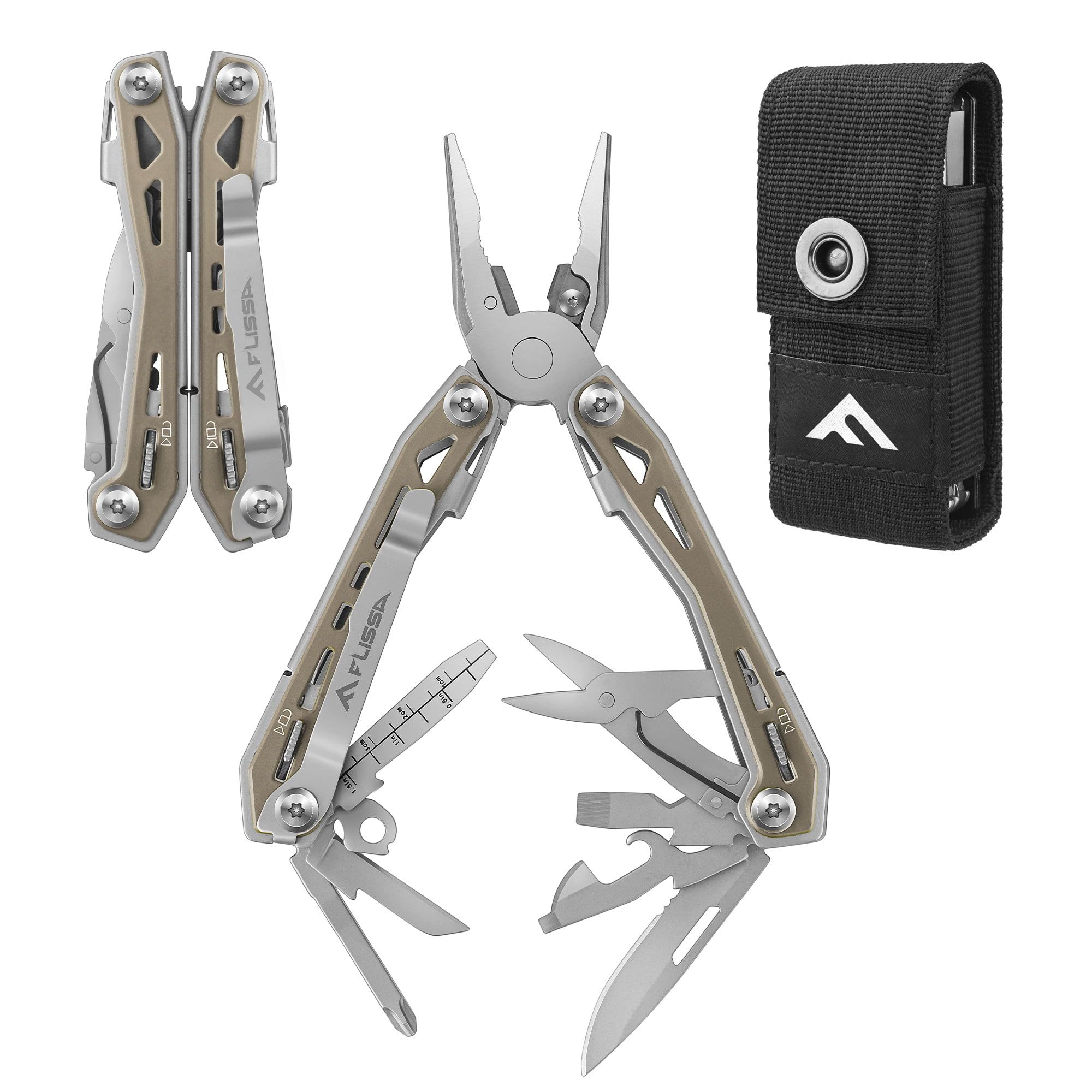 FLISSA Multi-Tool Pliers 16-in-1, Multi-Tool with Carry Bag, Stainless Steel Multifunctional Tool with Wire Cutter, Bottle Opener, Screwdriver, Belt Clip for Camping Maintenance (Desert Tan)