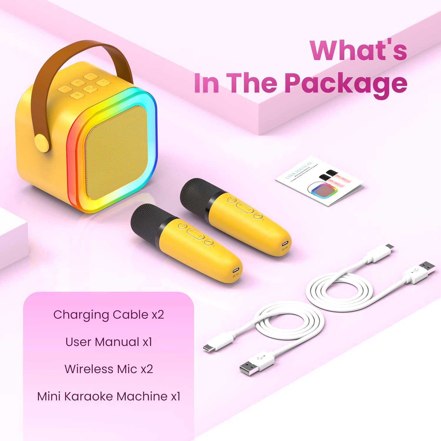 Karaoke Machine for Kids Adults, Portable Bluetooth Speaker with 2 Wireless Karaoke Microphones, 2026 TOP Birthday for Girls 3,4,5,6,8+Year Old Toddler Toys Karaoke Player(Yellow) - Image 7