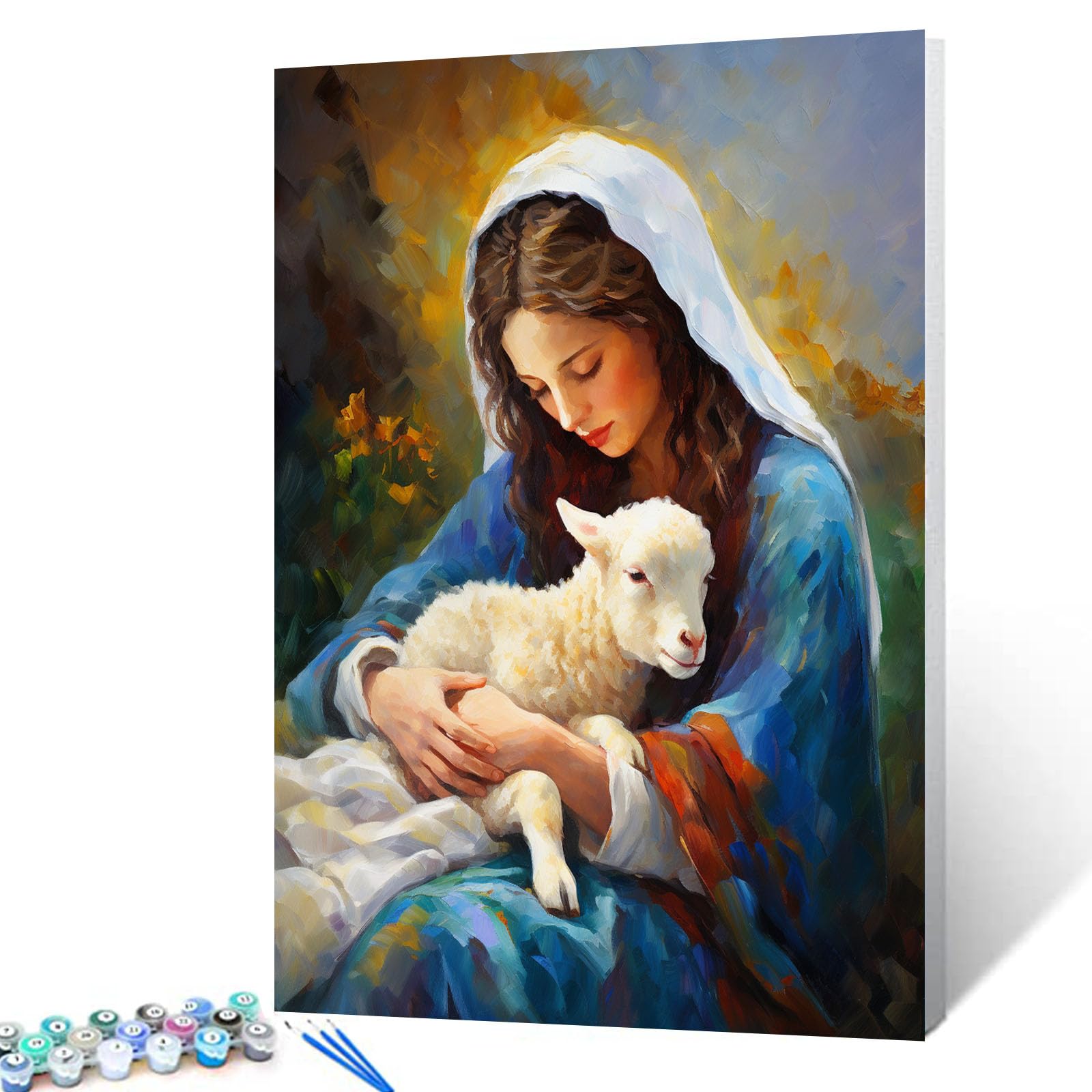 Tucocoo Woman Mary and Sheep Paint by Numbers Kits with Brushes and Acrylic Pigment on Canvas Painting for Adults, Religious Faith Spiritual Pictures for Home Wall Decor Gifts 16''x20'' (DIY Framed)