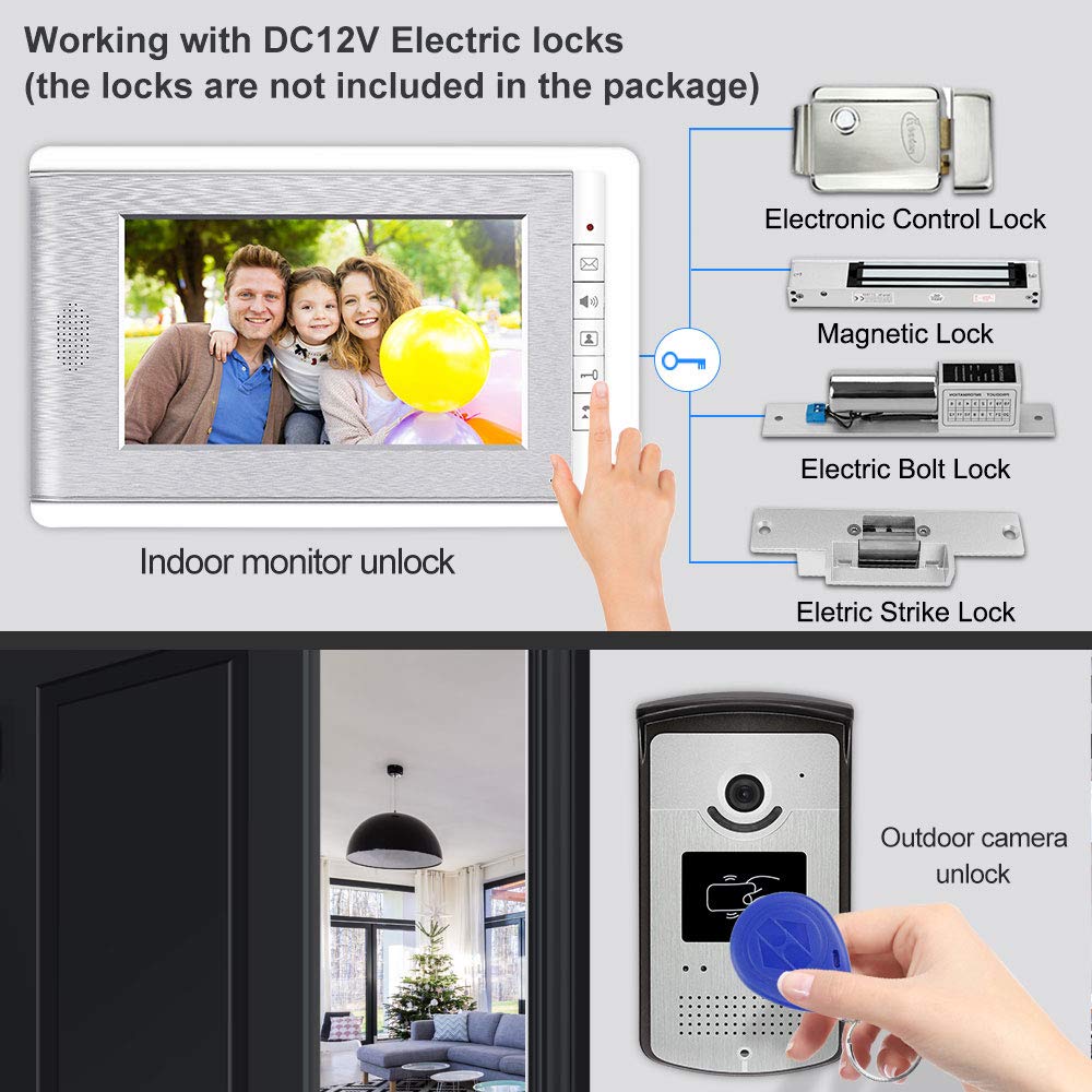 Sistema de Control de Acceso Kit de Videoportero de 7", Cámara de 700 TVL con Visión Nocturna, Sistema de 4 Cables para 2 Familias, con 10 llaveros RFID