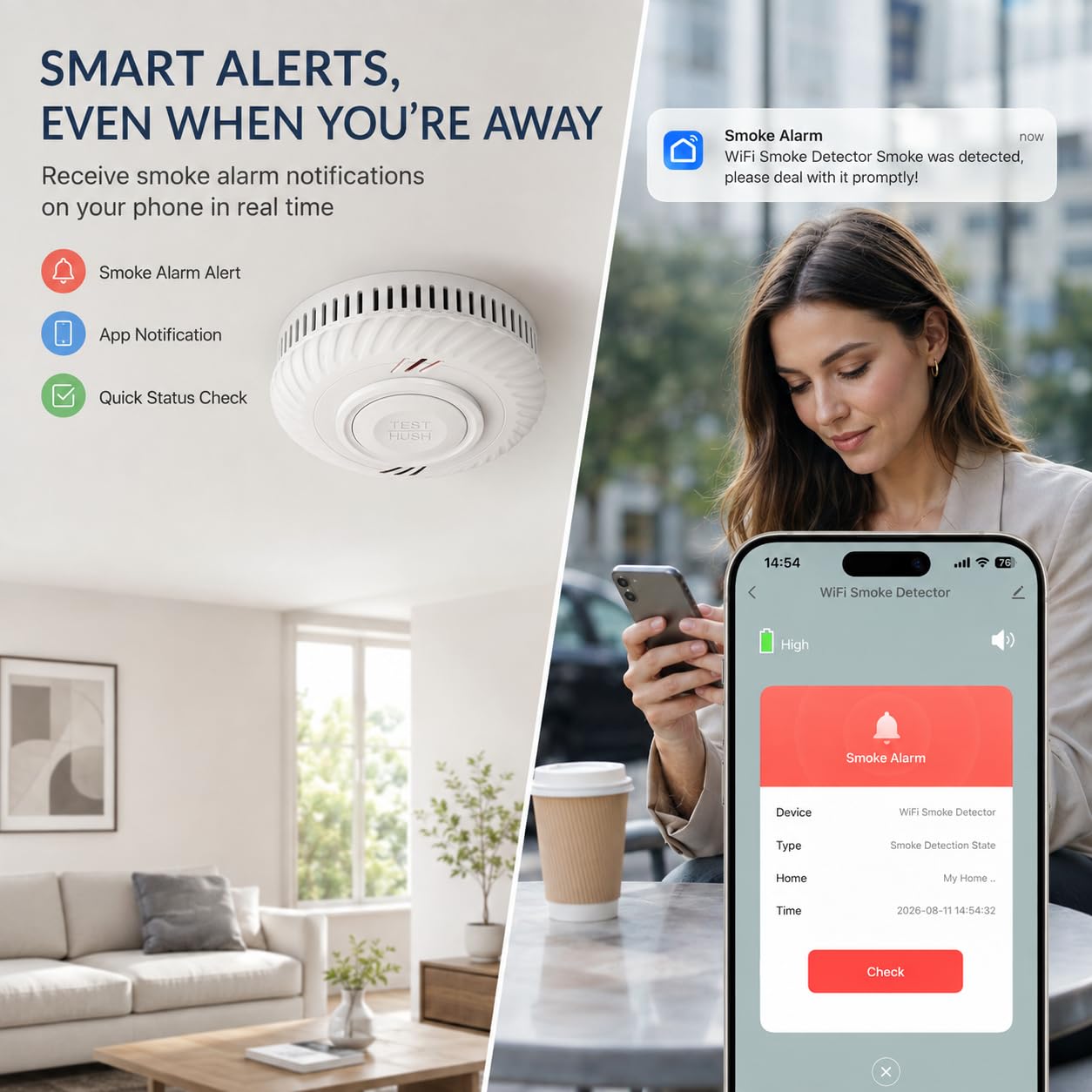 Détecteur de fumée Intelligent, détecteur de fumée Wi-FI avec capteur photoélectrique, détecteur d'incendie Conforme à EN14604, Compatible avec Tuya/Smart Life APP, 10 Ans Batterie 2-Pack