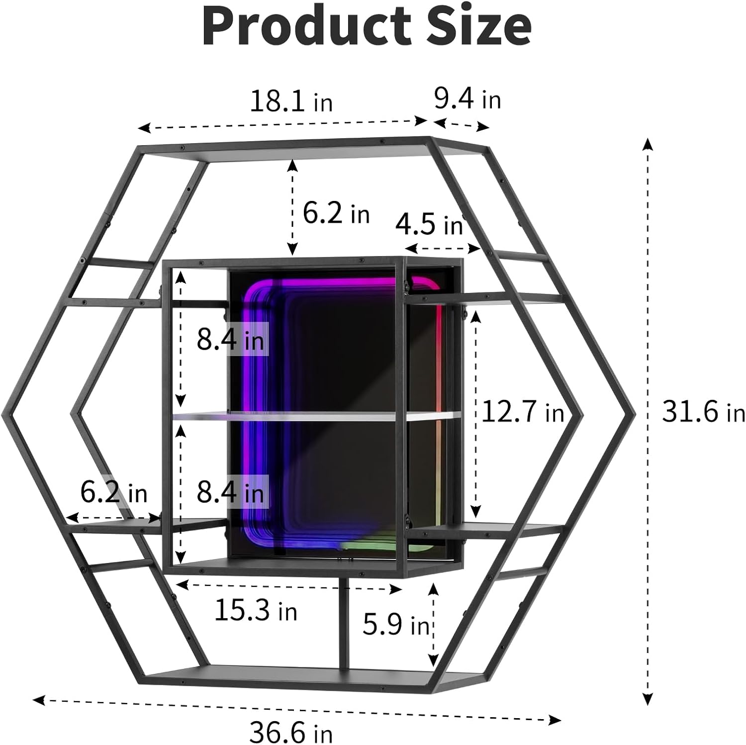 FUSLITE Infinity Mirror Gaming Floating Shelves with LED Lights, Hexagon Wall Mounted LED Shelf with RGB App Control, 36.6" Large Display Rack for Gaming Room Decor, Action Figures, Collectibles