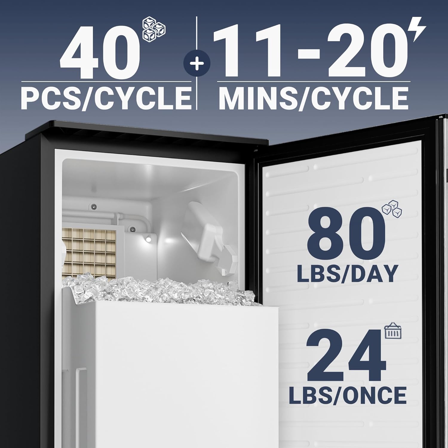 Ice maker showing 80 lbs per day production and 24 lbs storage capacity