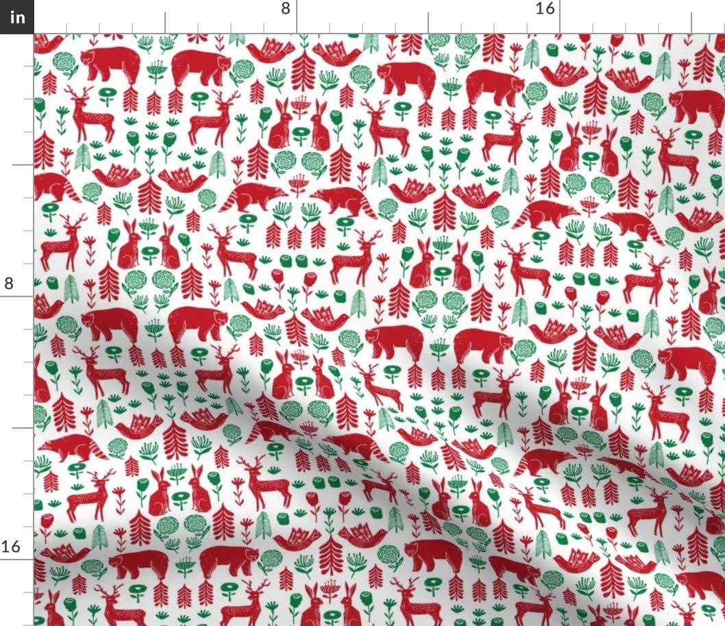 Spoonflower Fabric - Christmas Folk Scandinavian Winter Holiday Forest Animals Red Green Printed on Petal Signature Cotton Fabric by The Yard - Sewing Quilting Apparel Crafts Decor