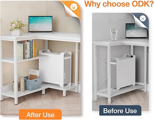 Miniatura 7 de ODK Escritorio pequeño en forma de L de 48 pulgadas con tomas de corriente, escritorio de esquina con soporte de PC y estantes de almacenamiento