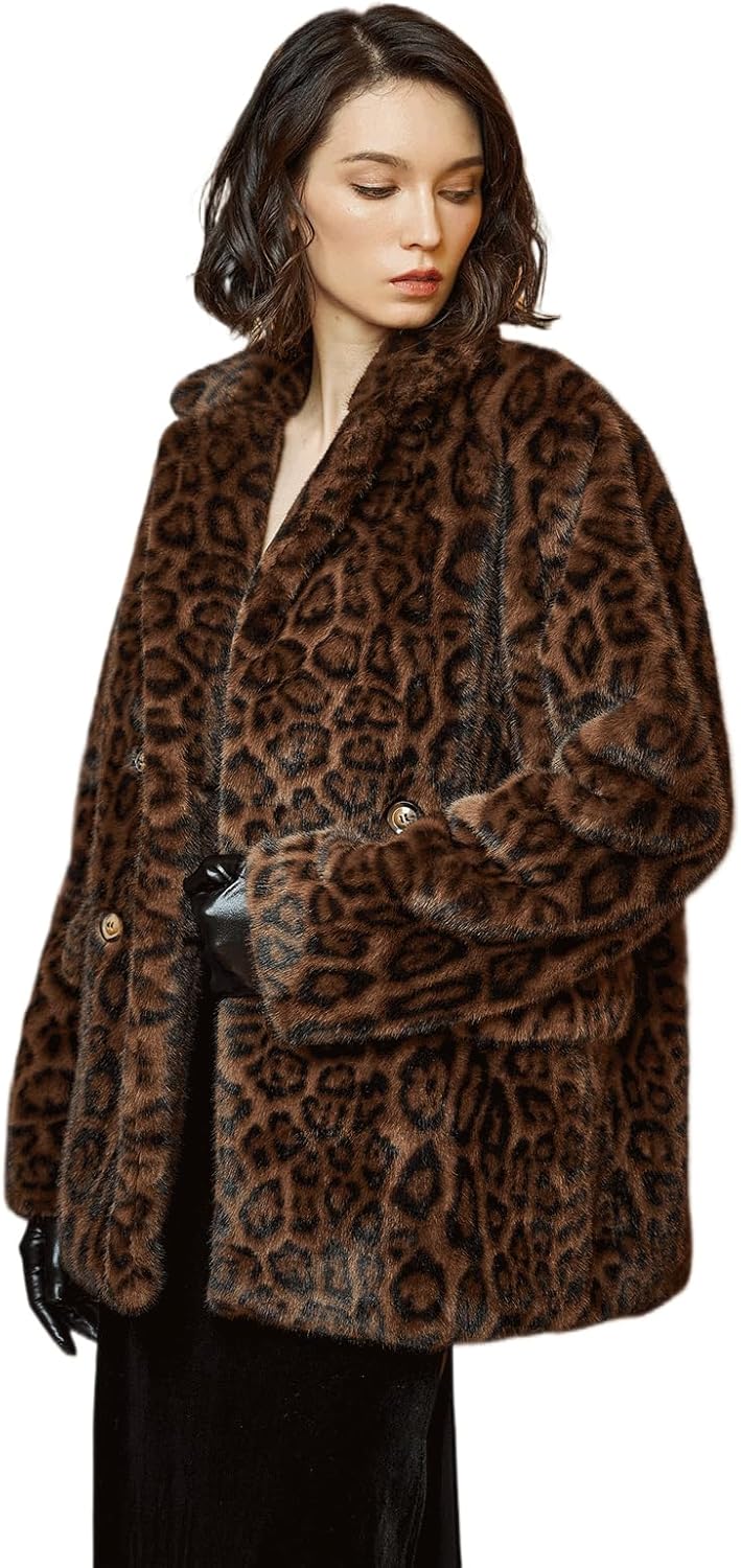 BEAUTELICATE Women Leopard Print Fleece Coat Loose Fur Coat with Pockets Lapel Faux Fur With Satin Lining - Image 2