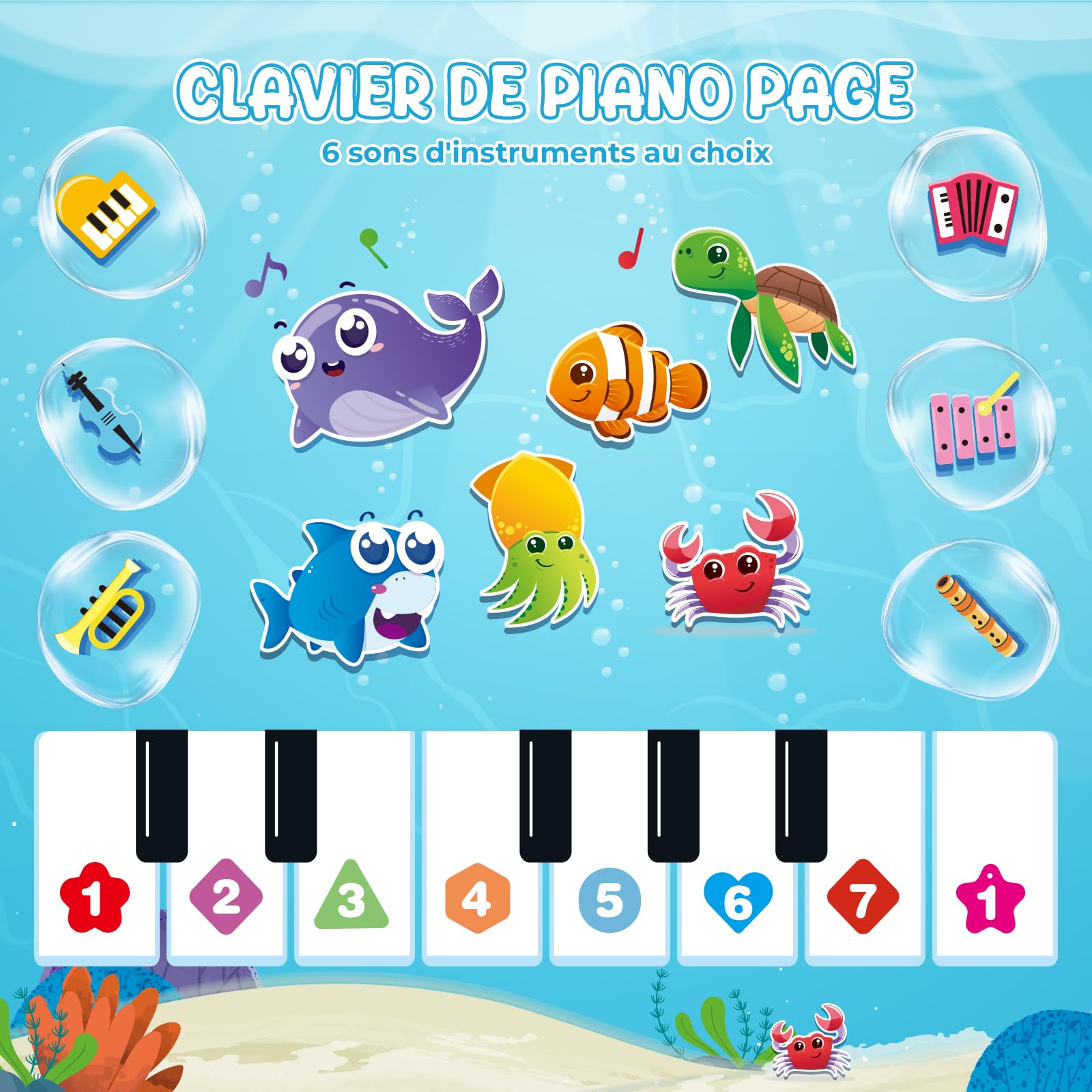Jouet Bebe 1 an, Tapis Musical Bébé avec 6 Animaux Marins - Piano et Tambour 2 en 1, Jouet Éducatif pour Enfants de 1 à 3 Ans, Cadeau Parfait pour Noël et Anniversaire
