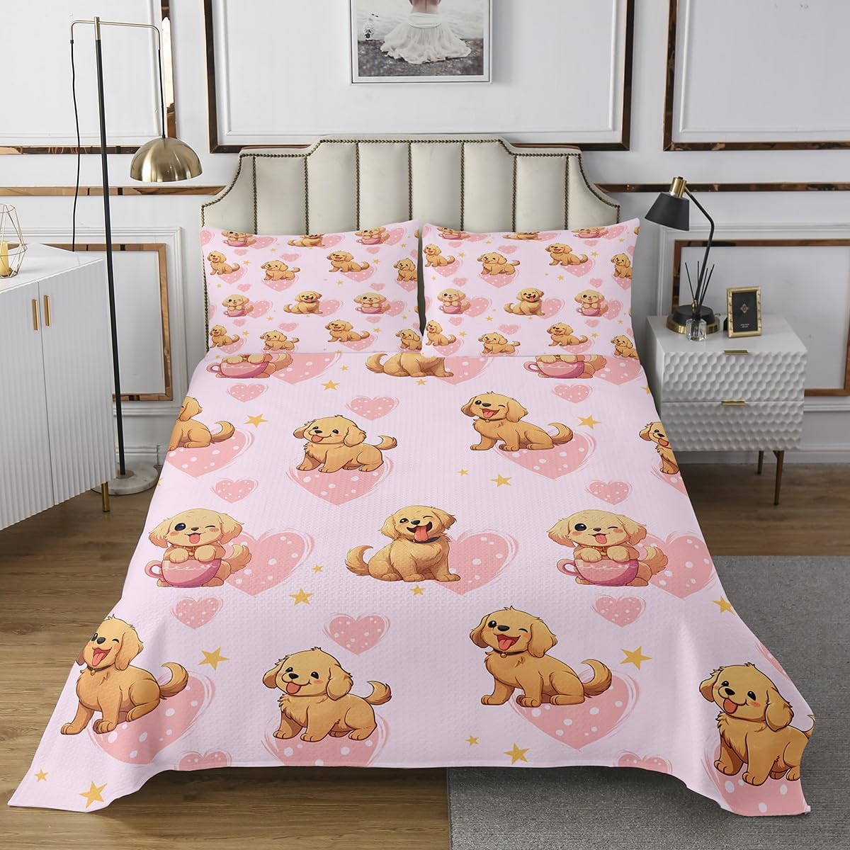 Juego de edredón para cama de matrimonio con diseño de perro y cachorro, juego de colcha Golden Retriever para niños y niñas, juego de colcha de perros de dibujos animados, funda de cama rosa acuarela