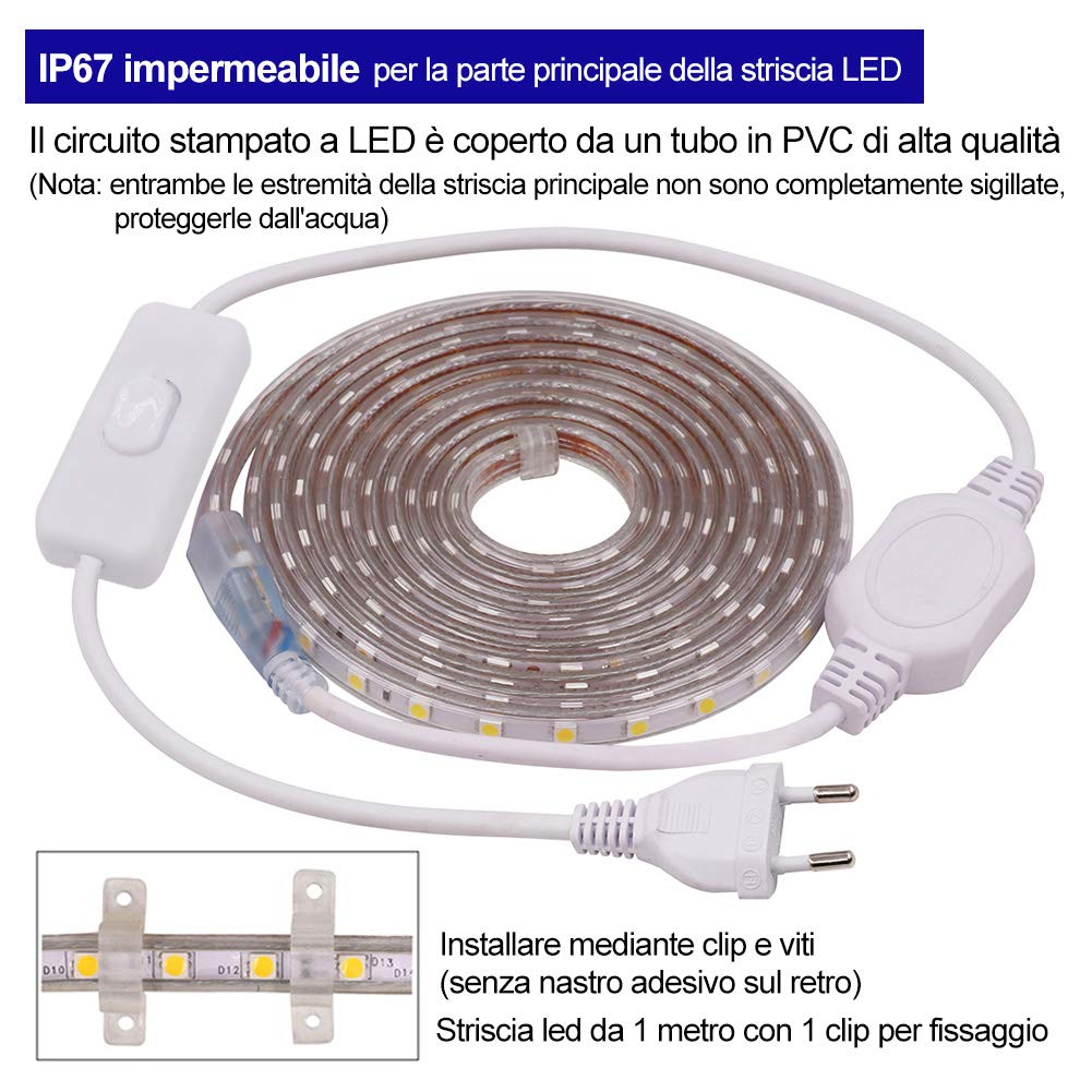 XUNATA 100m Strisce LED 220V con Interruttore e Alimentatore, 5050 60LED/m, IP65 Impermeabile, Flessibile Striscia a LED per Scaletta Tetto Cavi da Cucina Decorazione- Bianco