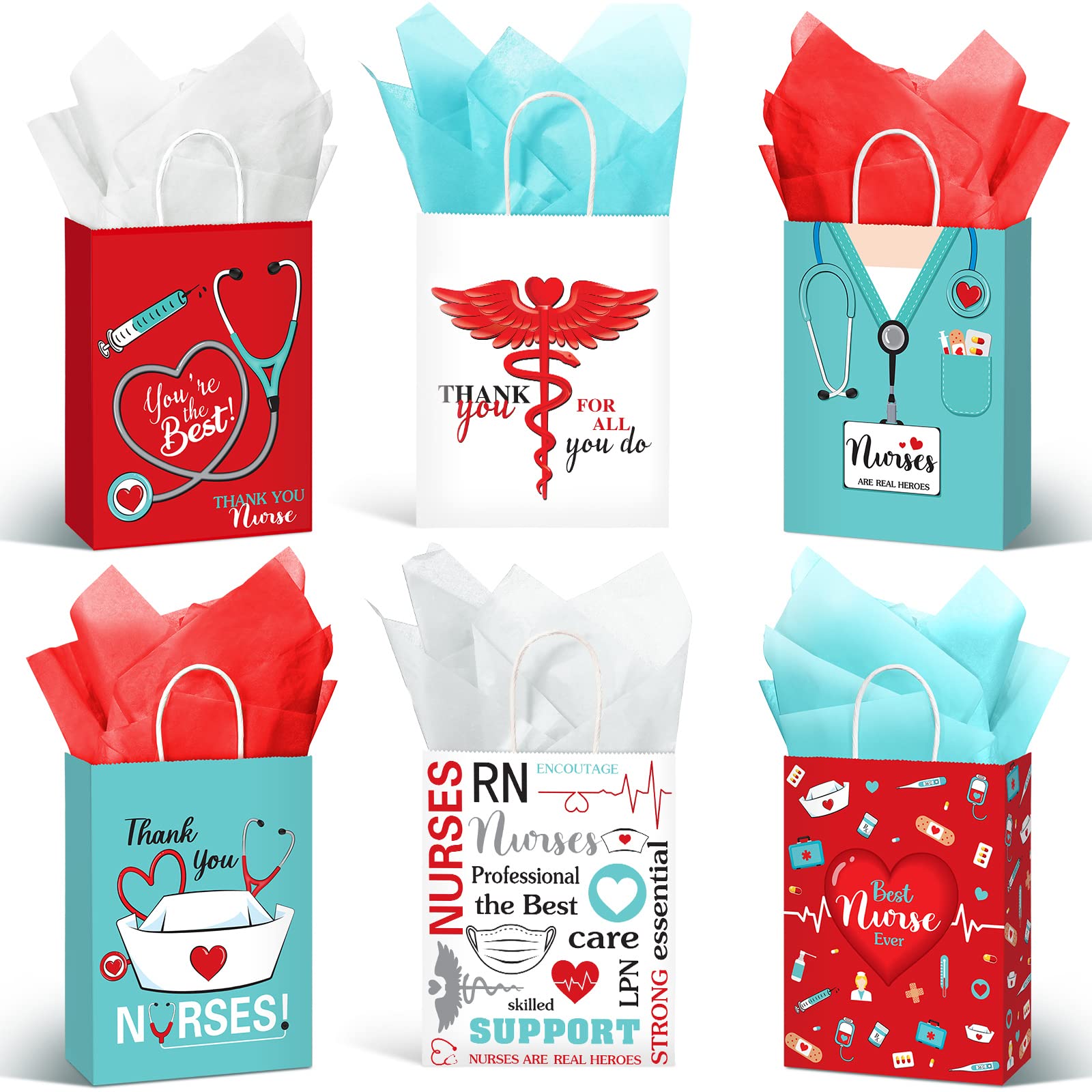 Sabary 24 Pcs Nurse Gift Bags 9 x 7 Inch, Nursing Graduation Party Thank You Nurse Paper Goodie Bags with Tissue Paper Decor for Medical Themed Birthday RN Nursing Graduation Party Favor Supplies
