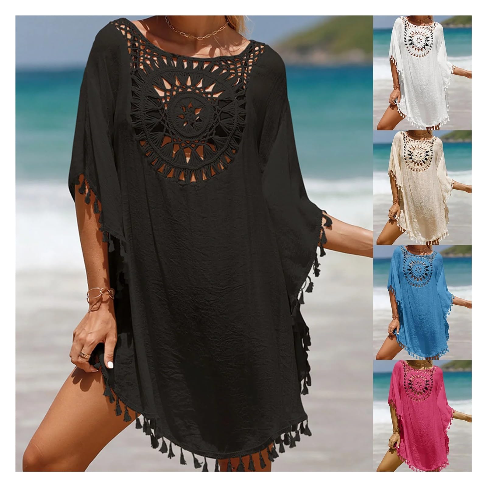 Vestido de Playa de Ganchillo Túnica de Bikini Ganchillo for Mujer, Vestido Playa con borlas Encaje, Cubierta, cárdigan Suelto Informal, Traje baño Verano