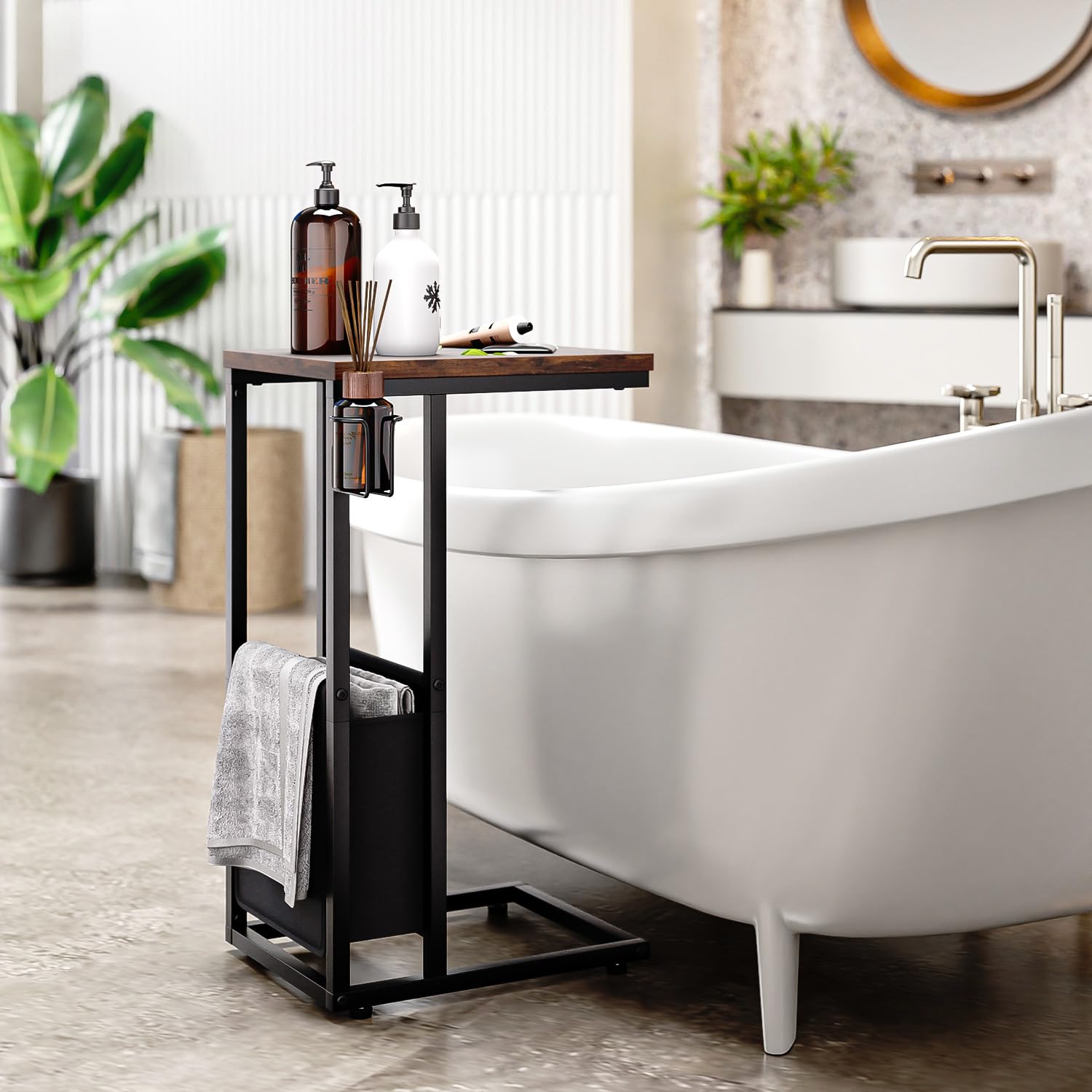 Tavolino a forma di C con borsa portaoggetti, sottile e resistente, per piccoli spazi, robusto organizer per divano, letto, soggiorno e camera da letto, design salvaspazio