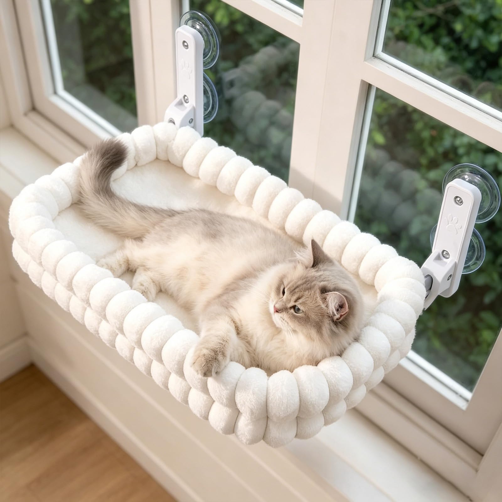 Amaca pieghevole per gatti – trespolo per gatti senza fili con copertura reversibile lavabile in lavatrice, telaio resistente e ventose, letto per gatti grandi da interno fino a 18 kg
