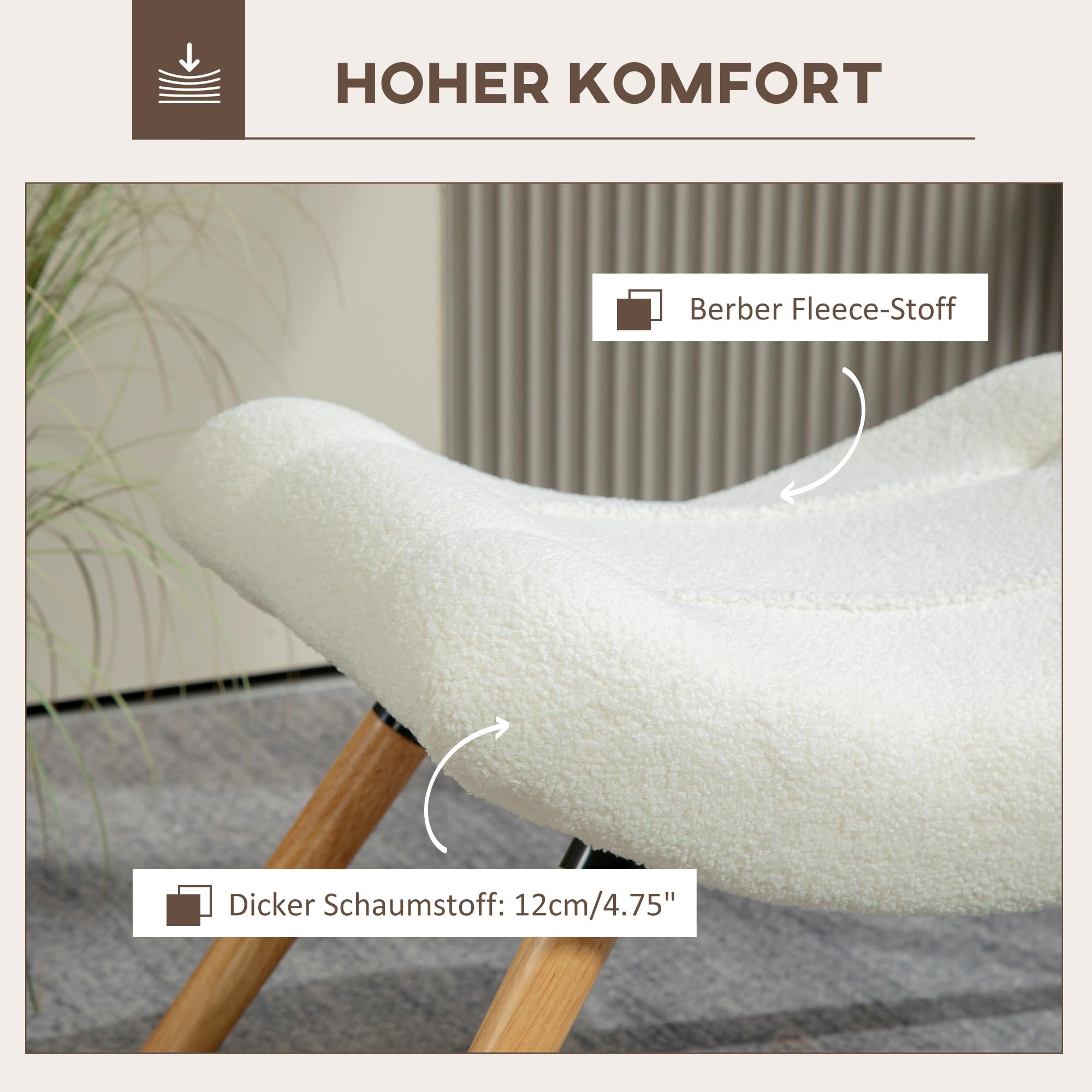 HOMCOM Sitzhocker Hocker mit weichem Sitzkissen Holzbeinen Fußhocker mit Berberfleece-Stoff Polsterhocker Ottoman für Schlafzimmer, Wohnzimmer, Cremeweiß