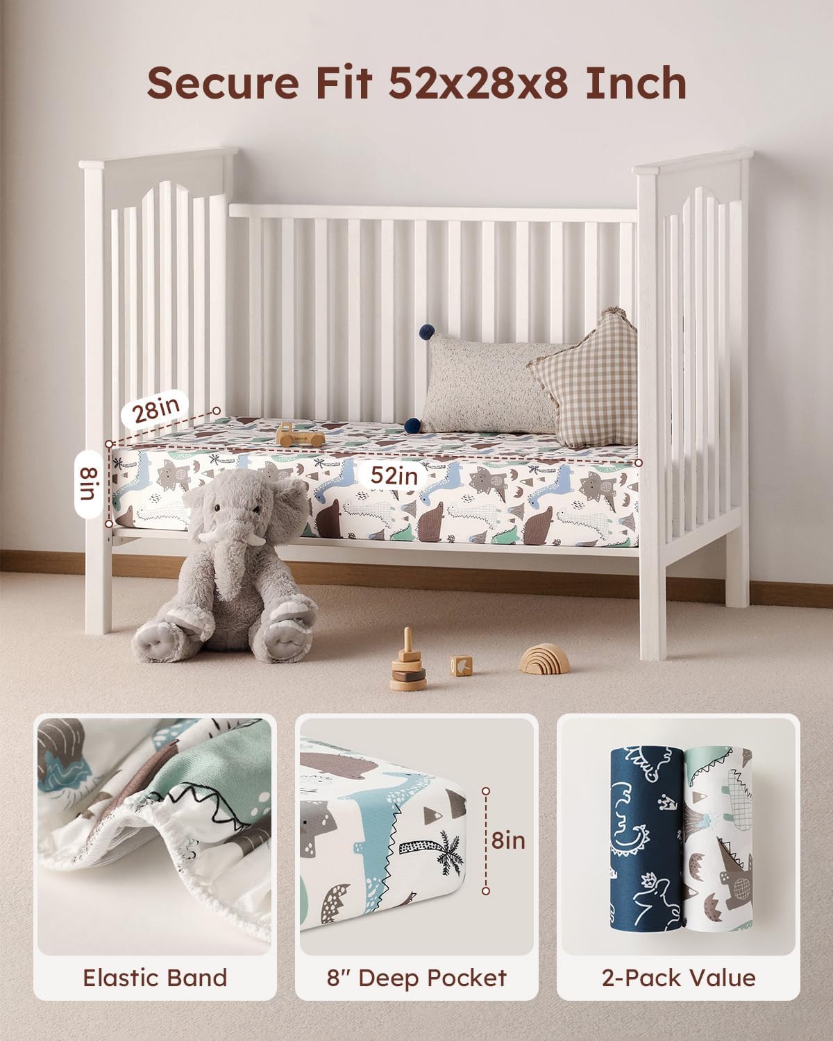 Yoofoss Baby Crib Sheets 2 Pack for Boys and Girls - 52x28 Fitted Crib Sheet Neutral Fits for Standard Crib and Toddler Mattress, Ultra Soft Breathable Microfiber Dark Blue Dinosaurs - Image 4