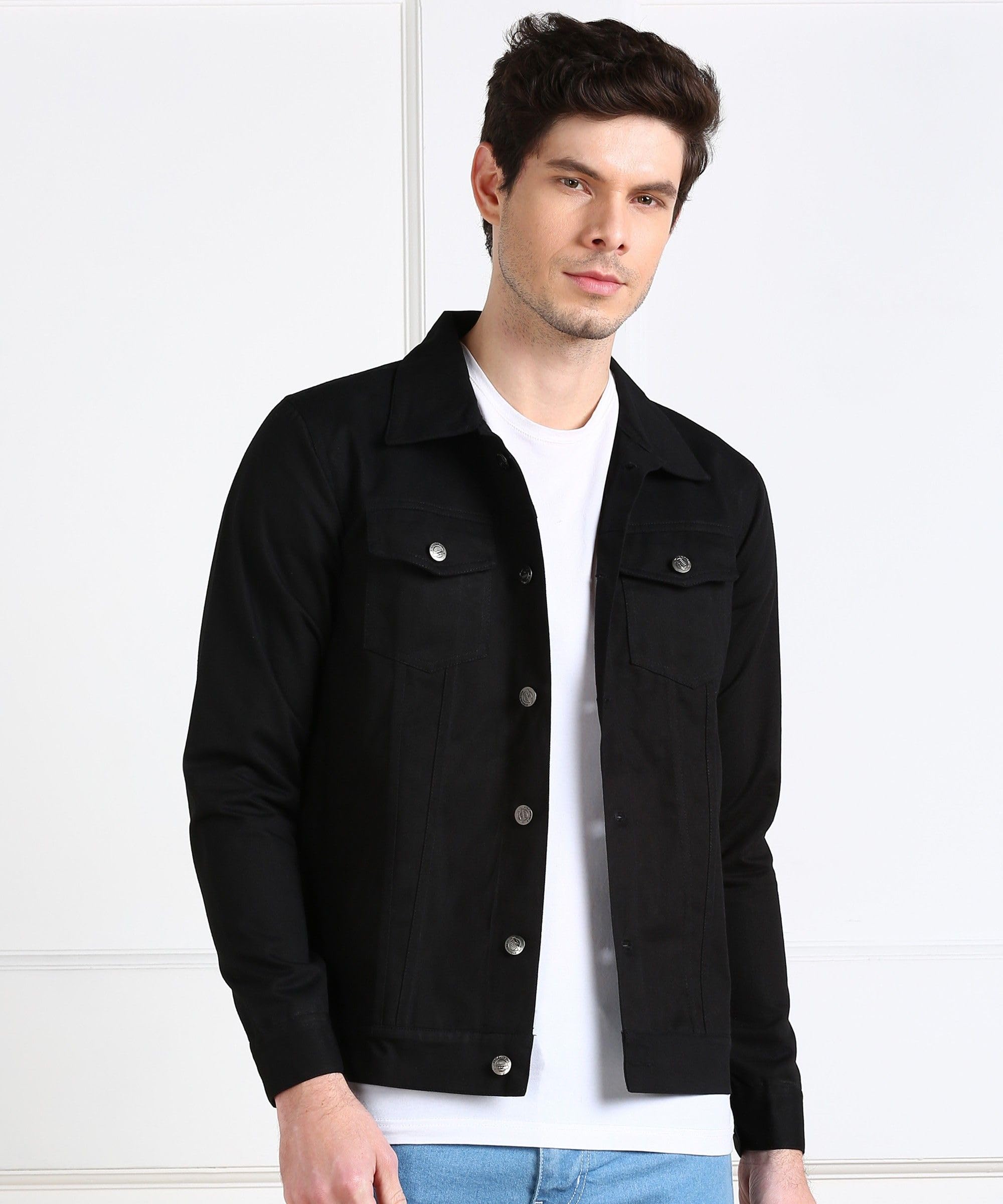 montrez Men Spread Collar Washed Lightweight Casual Denim Jacket (Black)-picture-10