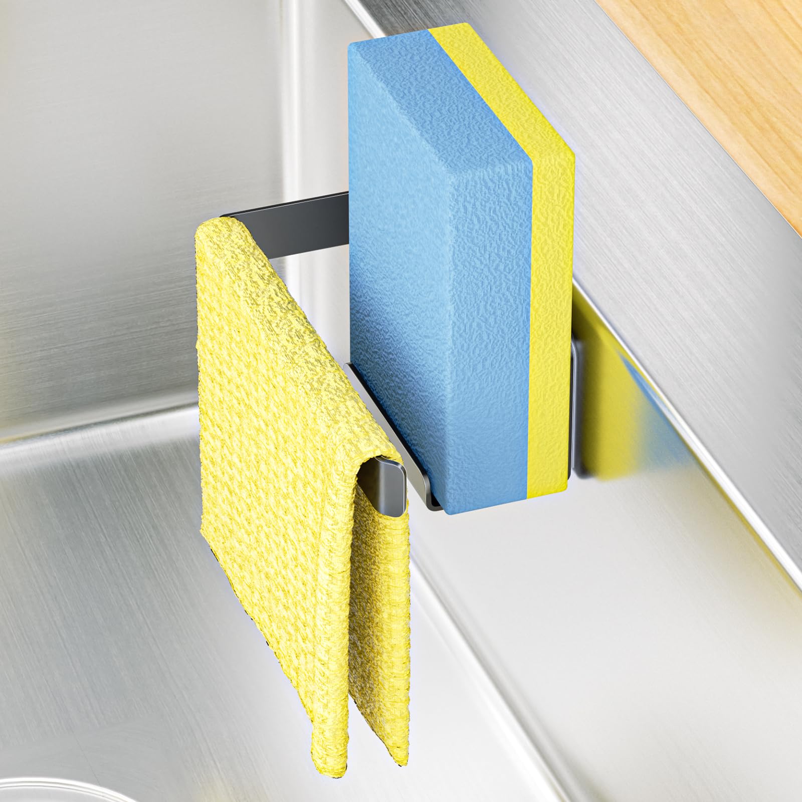 Portaspugna per lavello, porta strofinacci autoadesivo, support spugna per piatti da cucina 2 in 1, porta strofinacci in metallico, per strofinacci, spugne, spazzola e tappo per lavello (Nero)