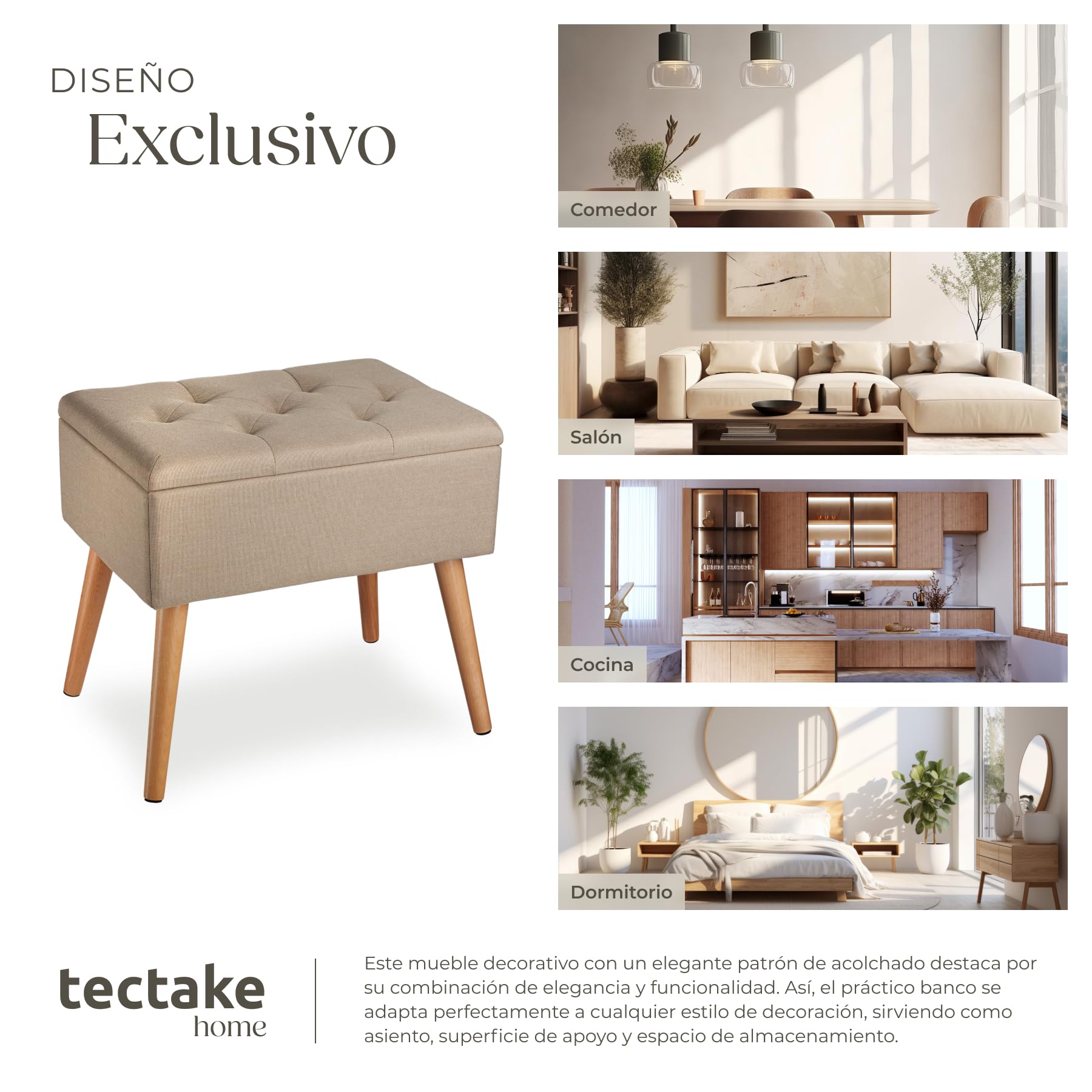 tectake® Puff Almacenaje Dormitorio con Diseño Elegante Efecto Lino, Banco con Almacenaje Práctico, perfecto Taburete Tocador, Puff Reposapies o Banqueta Dormitorio - 51 x 37,5 x 45,5 cm Arena