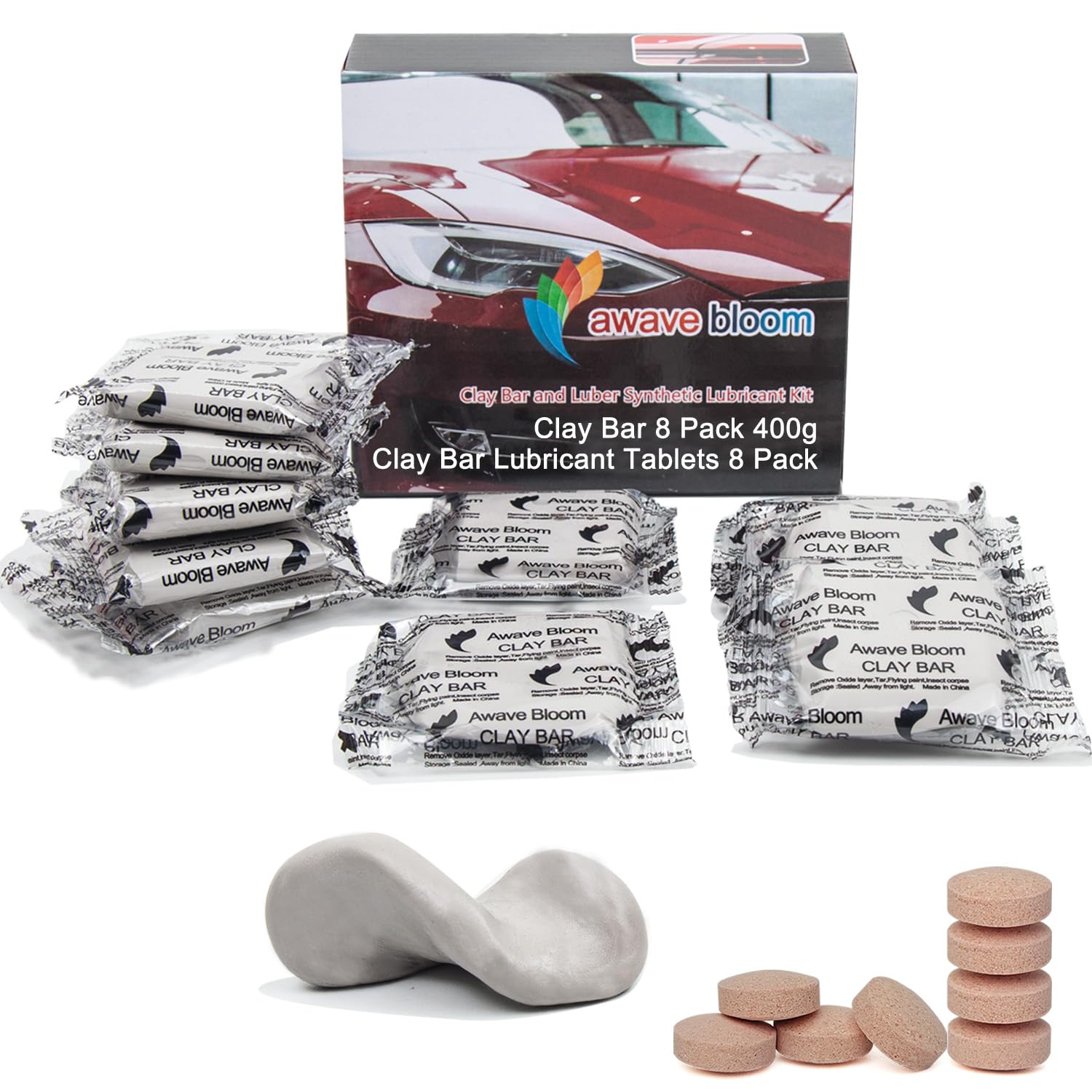 8 Pack Car Clay Bars Auto Detailing 400g and Clay bar Lubricant Tablets 8 Pack (1pcs=16 oz) Clay bar kit for Car Detailing (50g/1 Pack) (Grey)