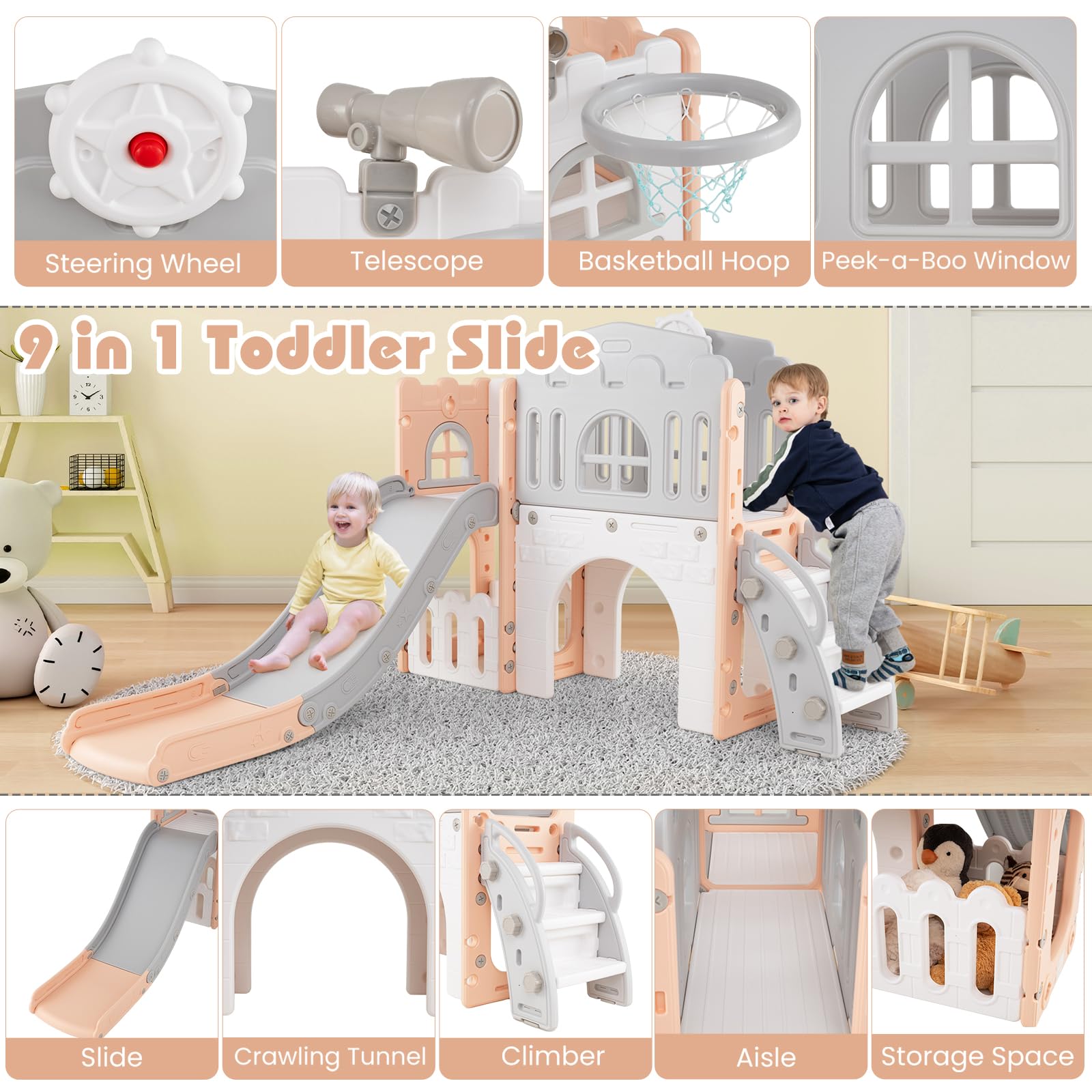 HOMASIS Scivolo per Bambini in HDPE, 9 in 1 Parco Giochi con Volante, Cannocchiale, Canestro da Basket, Tunnel, Scala da Arrampicata, Palestra Montessoriana per Bambini da 3+ Anni (Rosa)
