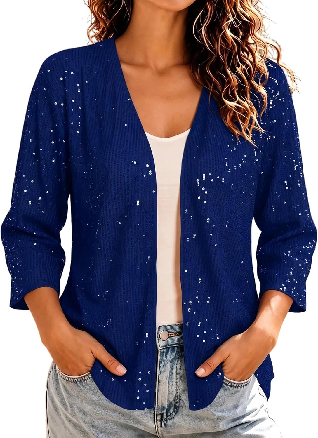 Women's Sequin Cardigan Open Front 3/4 Sleeve Elegant Party Jacket