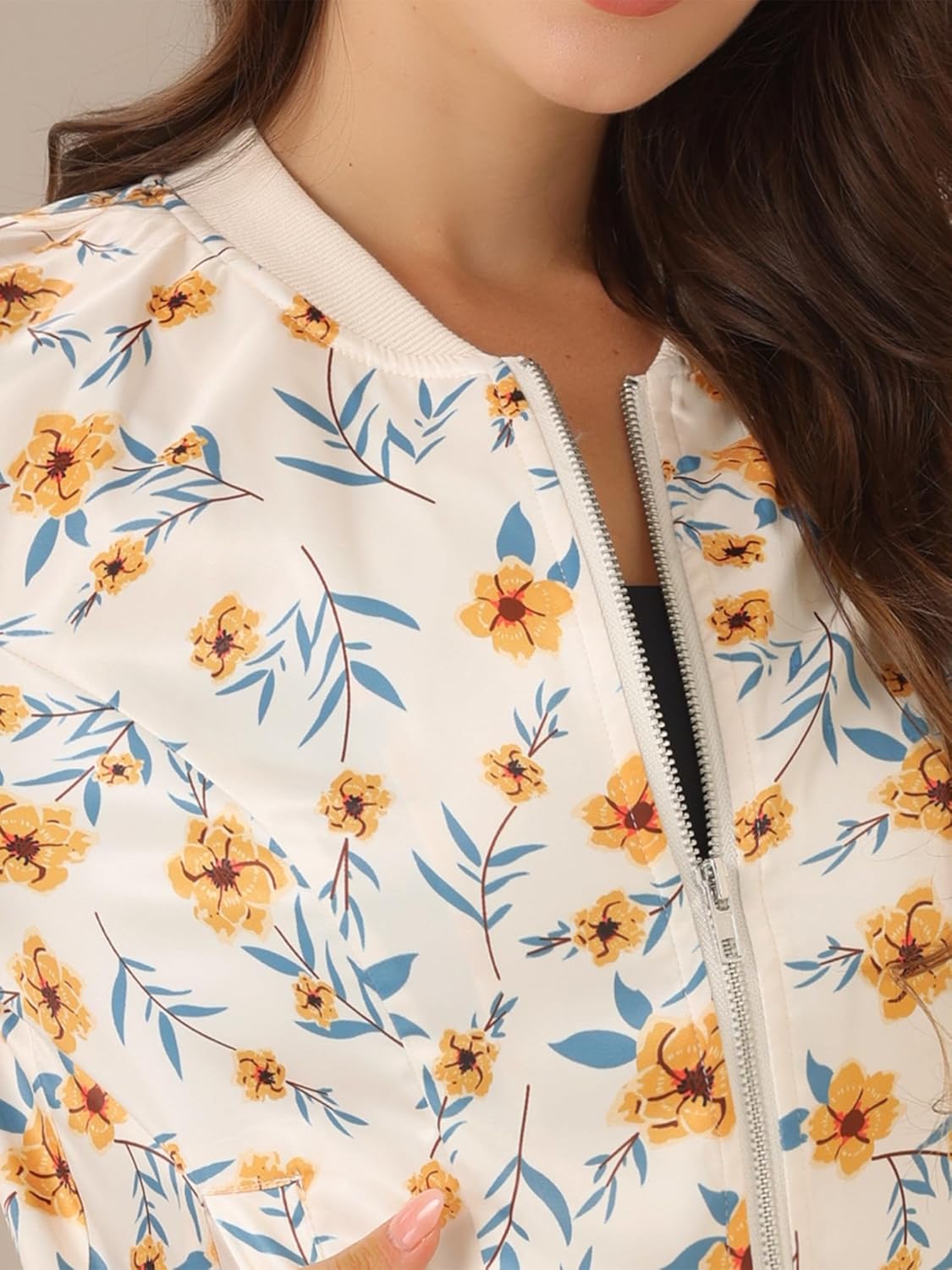 Allegra K Women's Bomber Jacket Satin Long Sleeve Zipper Floral Print Casual Fall Coat with Pocket Winter Outwear - Image 5
