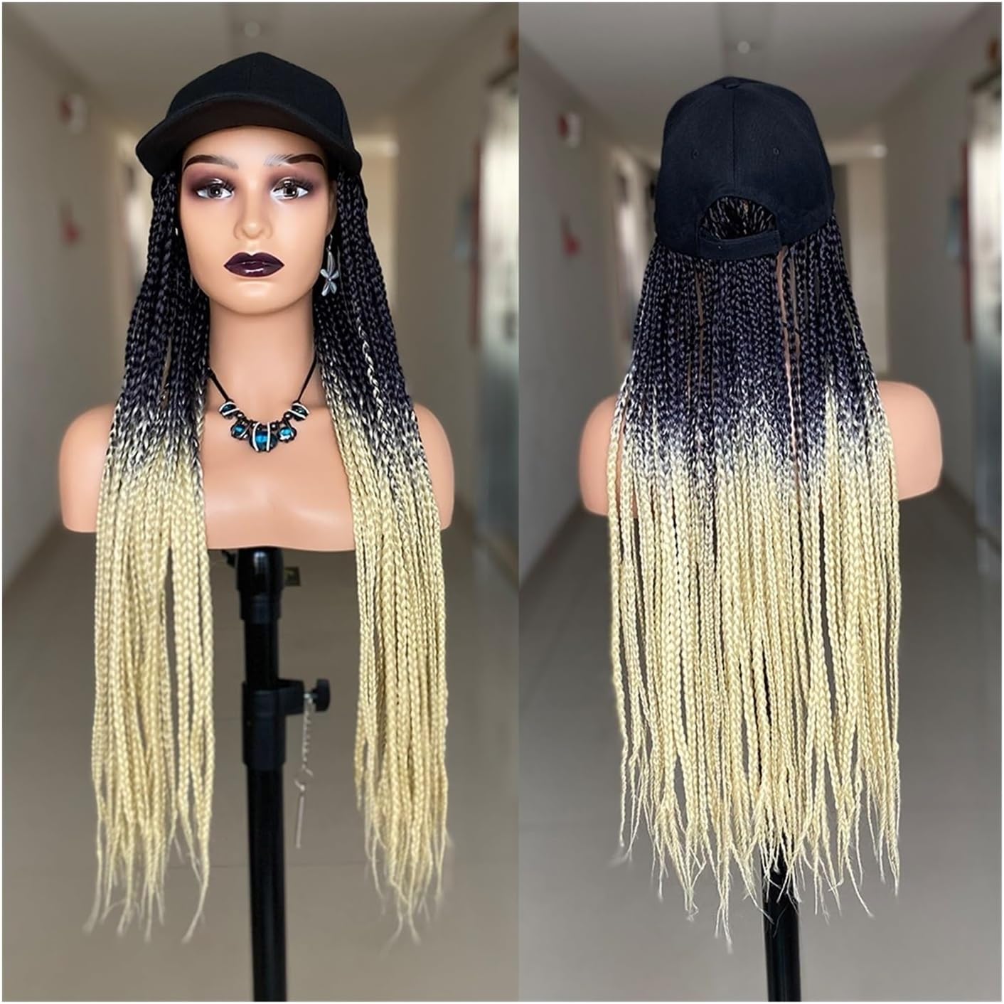 Wig Cap Long Black Baseball Cap Wig Hat with Braids Adjustable Cap Hat Braiding Hair Wig for Woman/Men Daily Use Hair Extension Cap (Color : 1)