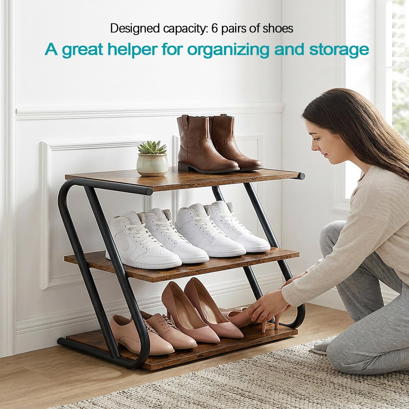 3-Tier Shoe Rack, Rustic Wood Look Shoe Organizer with Metal Frame, Space-Saving for Entryway, Hallway, Bedroom (17.32" L x 11.93" W x 15.75" H)