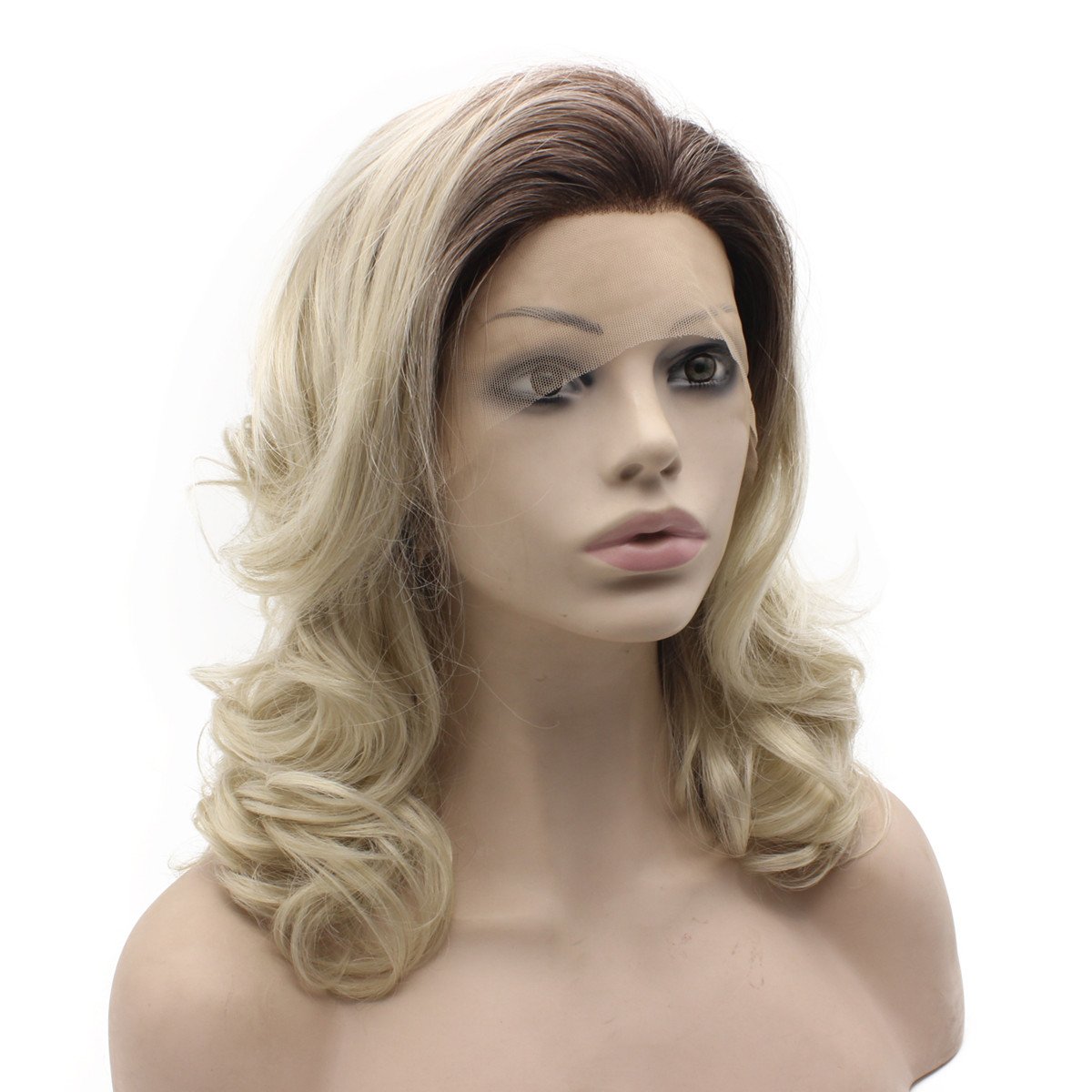 MX angel Shoulder Length Half Hand Tied Synthetic Hair Lace Front Natural Ombre Ash Blonde Wig