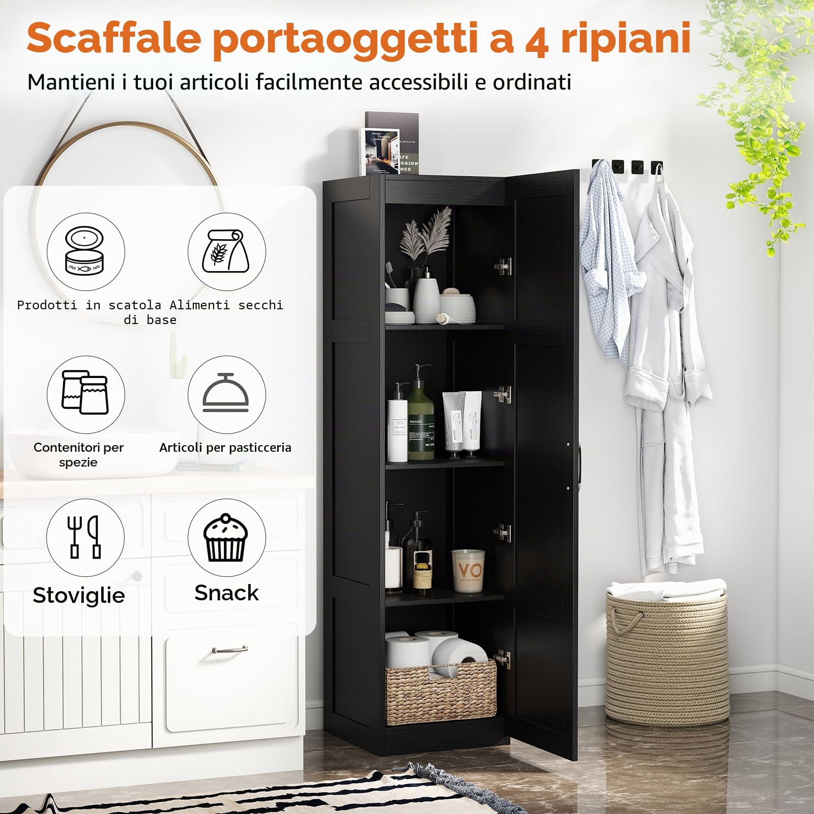 KOMFOTTEU Credenza da Cucina con Manico in Metallo, Armadio a Buffet Antiribaltamento, Mobile da Bagno Stretto a 4 Ripiani, per Sala da Pranzo, Soggiorno, 37,5 x 40 x 150 cm (Nero)