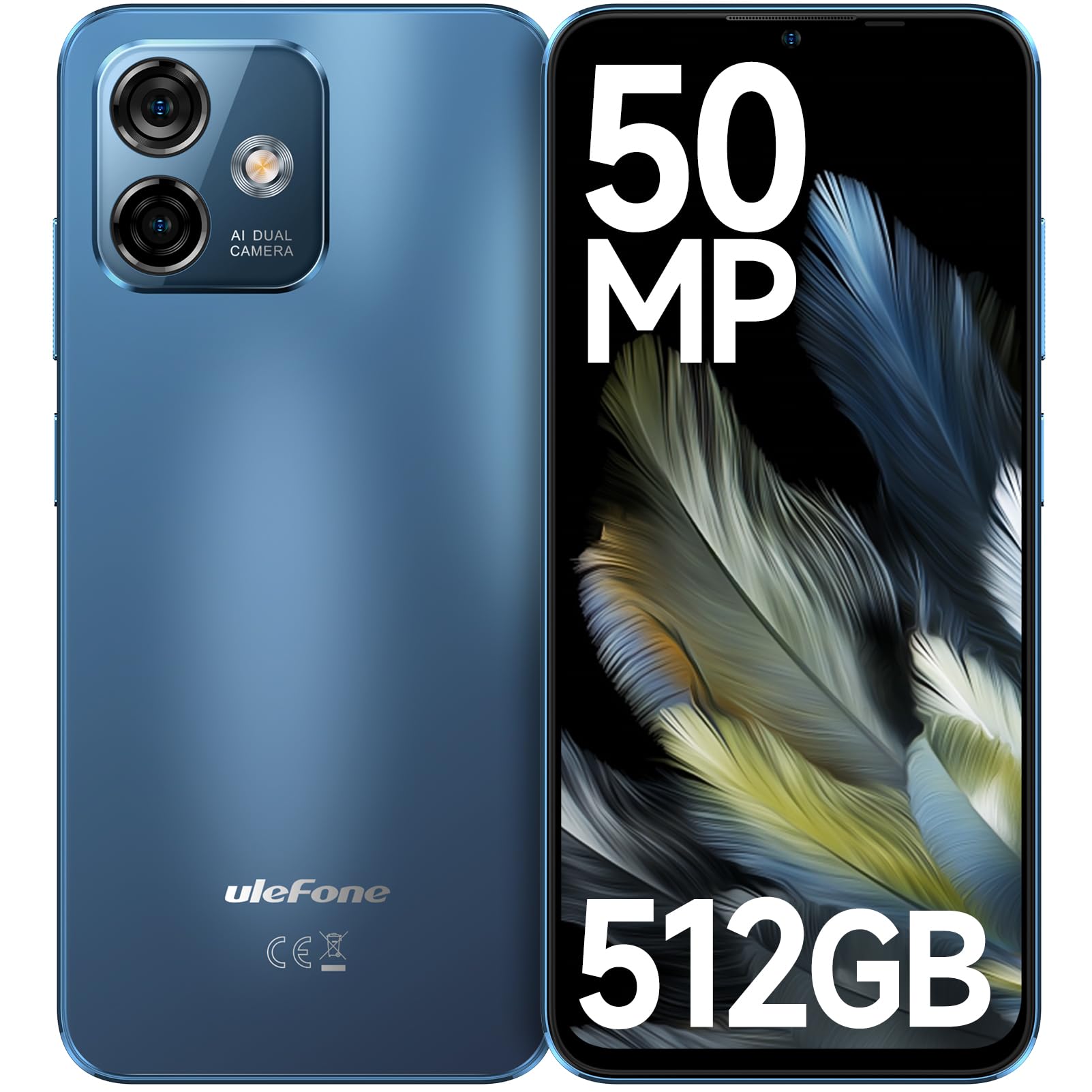 Ulefone Unlocked Phones, Note 16 Pro (16+512GB) Android 13 Smartphone, 50MP Main Camera, 6.52” HD+ Waterdrop Screen, 8-Core Processor, 4400mAh Battery Mobile Phone, Dual 4G Cell Phone-Blue