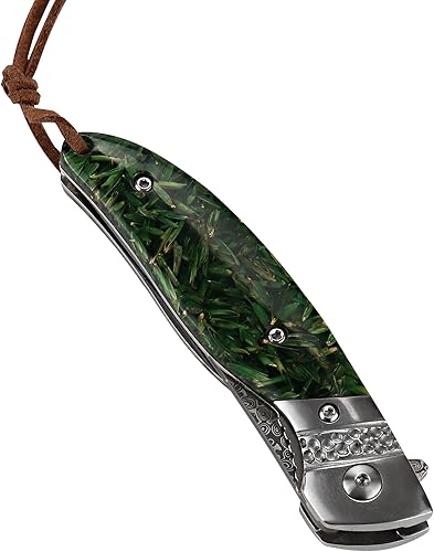 Miniatura 7 de ALBATROSS Cuchillo de bolsillo plegable de Damasco  EDC premium con hoja de acero VG10, mango sintético verde, apertura asistida con rodamientos de