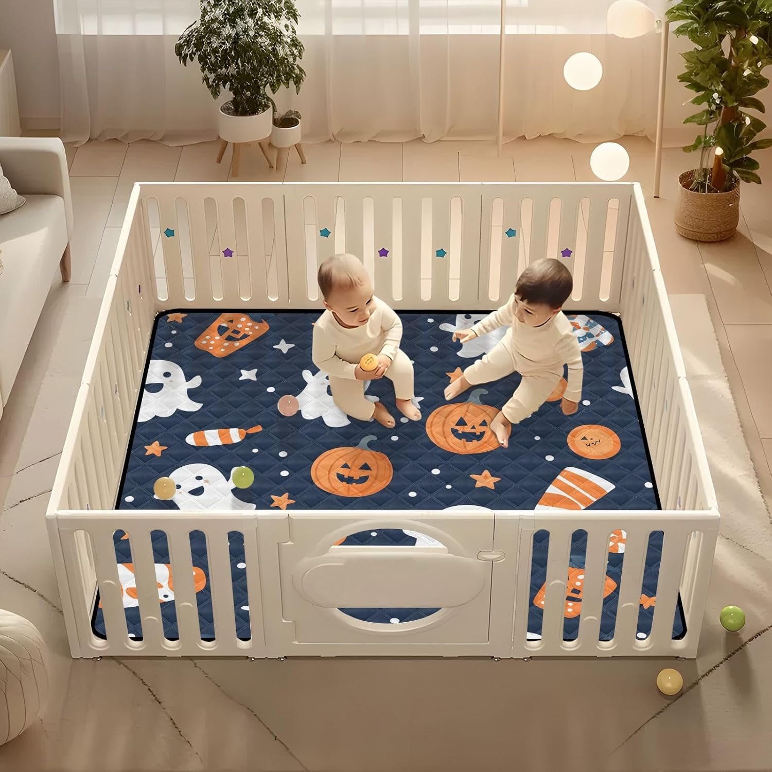 Ghosts and Halloween Pumpkins Baby Play Mat, 50“ X 50” Washable Folding Crawling Mat, Baby Floor Mat, Soft, Non-Slip