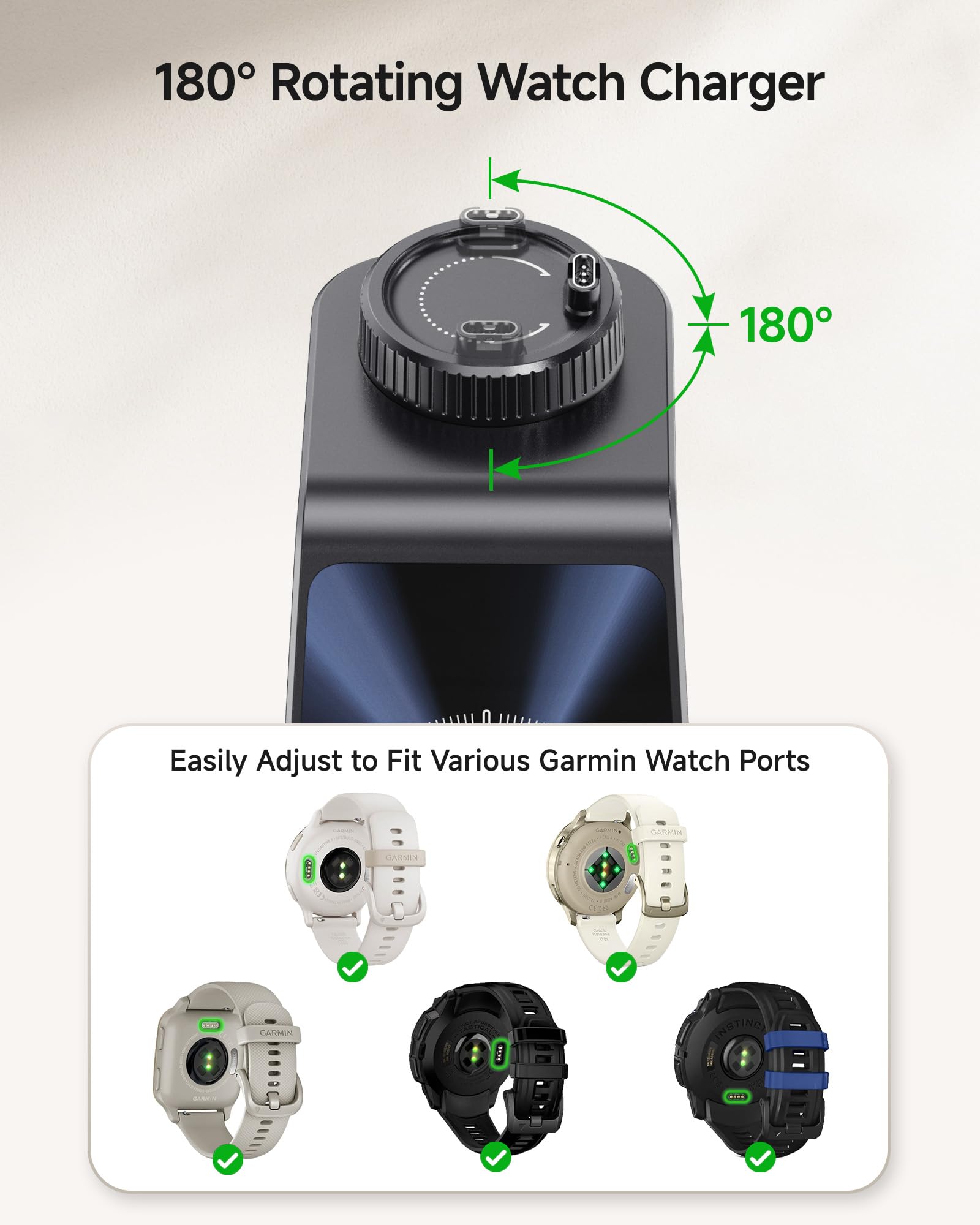 3 in 1 Kabellose Ladestation für Garmin Uhr Vivoactive/Venu/Forerunner/Instinct/Fenix/Epix 2, Ladegerät Ständer für Samsung S25/S24, für iPhone Air/17/16, für AirPods, für Galaxy Buds3 (Ohne Adapter)